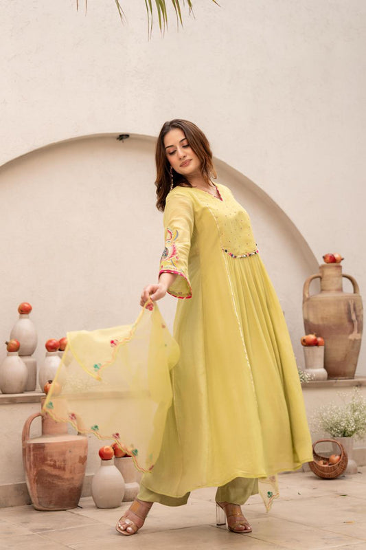 Pastel Yellow Anarkali Suit with Thread Embroidery