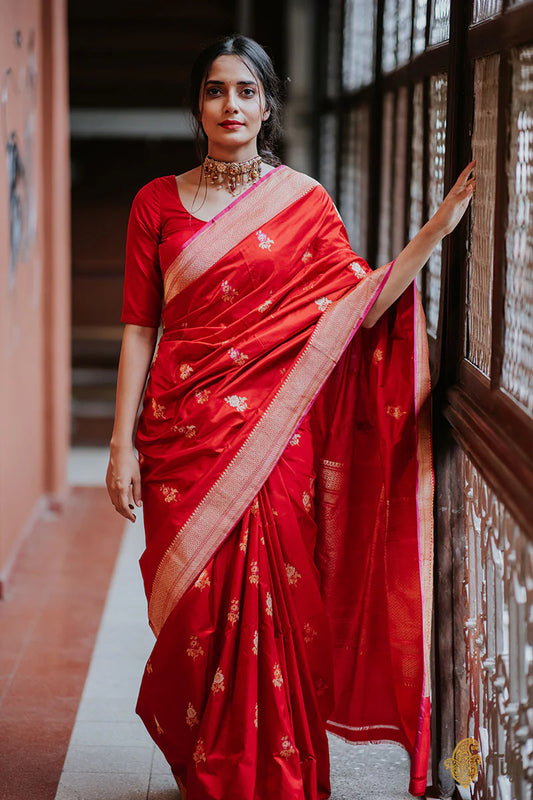 Banarasi Silk Saree - Red with Golden Zari