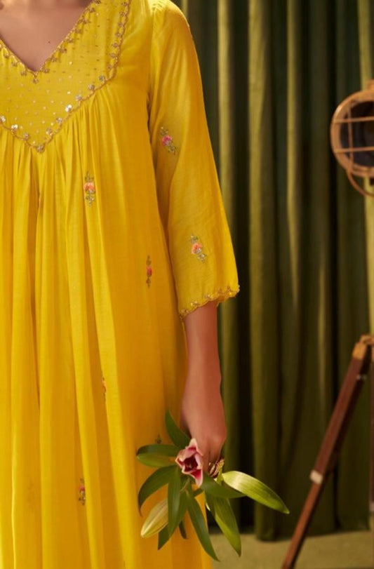Person wearing a yellow dress with floral embroidery, holding a plant against a green curtain background.
