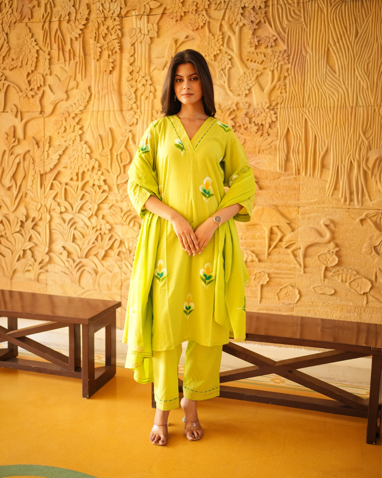 नूर-ए-बहार | Pure Cotton Hand Brush Print A-Line Suit Set with Charkhi Gota Kinari