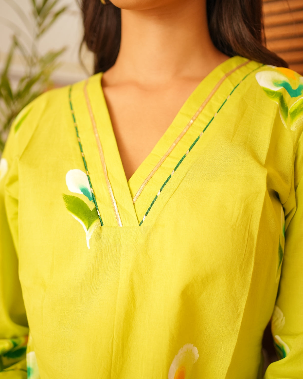 नूर-ए-बहार | Pure Cotton Hand Brush Print A-Line Suit Set with Charkhi Gota Kinari