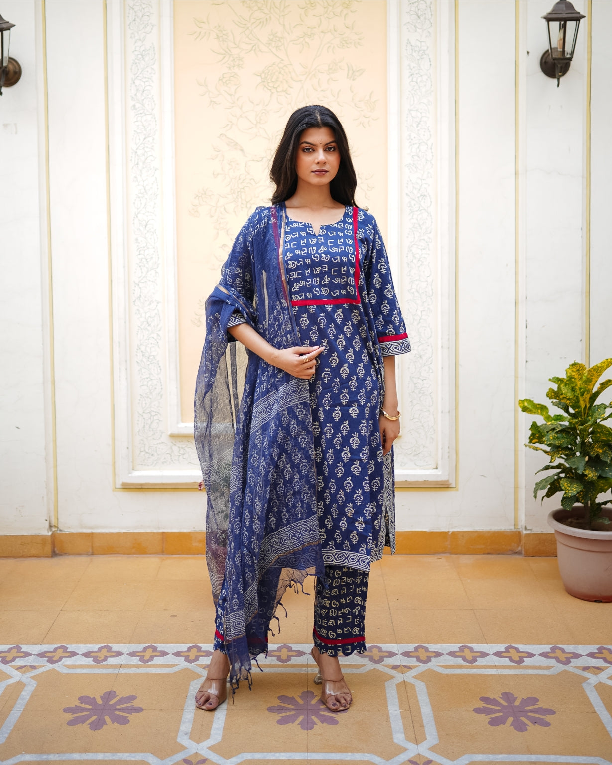रॉयल नीलम | Pure Cotton Ajrakh Print Suit Set with Pure Chiffon Dupatta