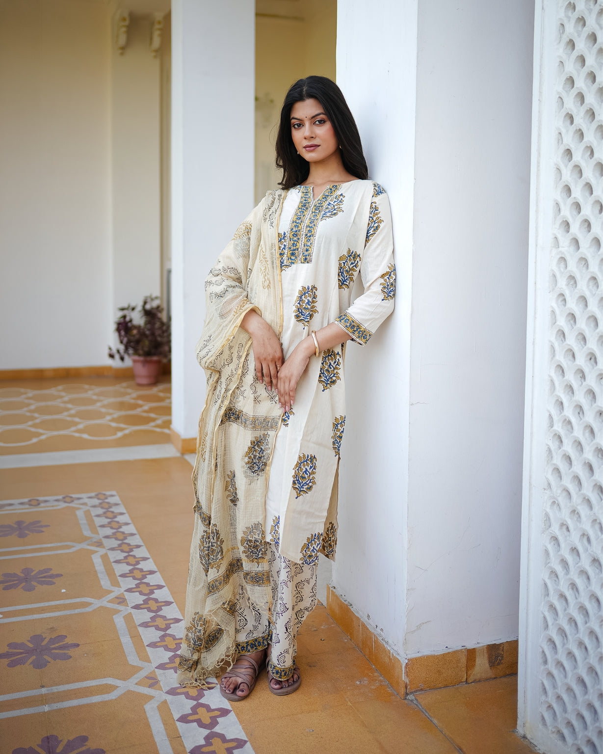 काव्या | Pure Cotton Hand Block Print Suit Set with Kota Doriya Dupatta