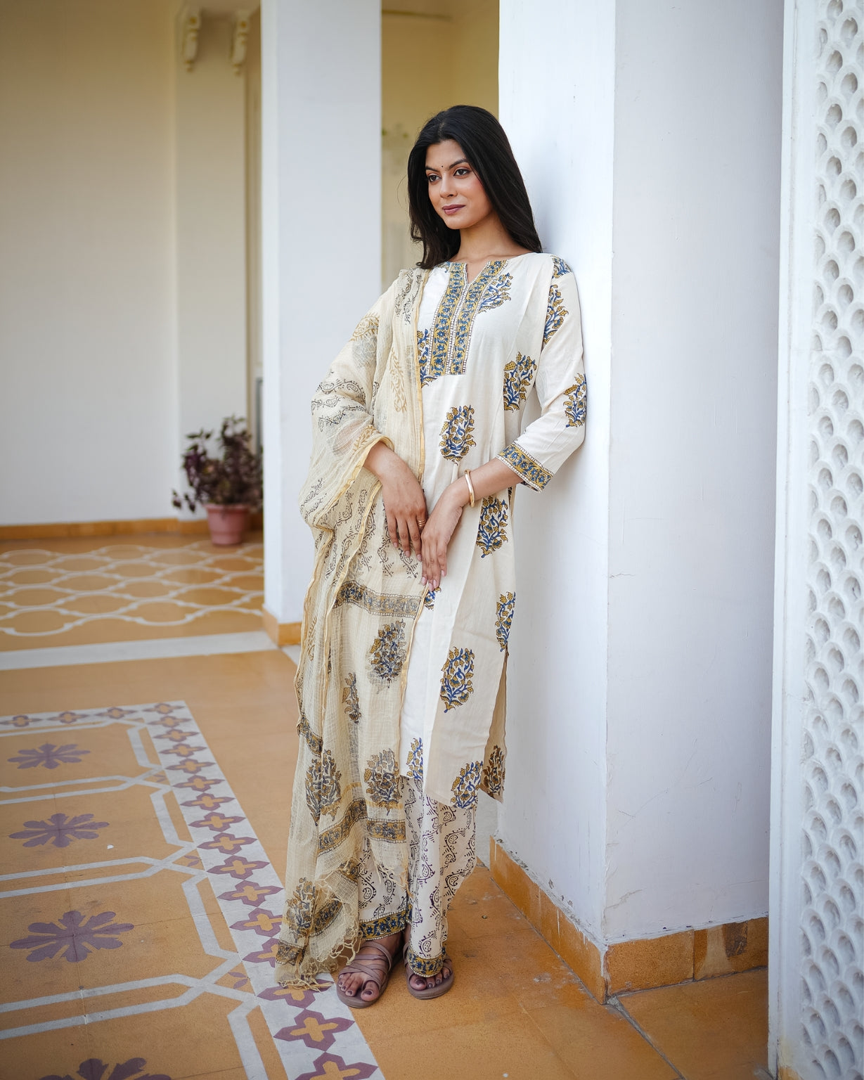 काव्या | Pure Cotton Hand Block Print Suit Set with Kota Doriya Dupatta