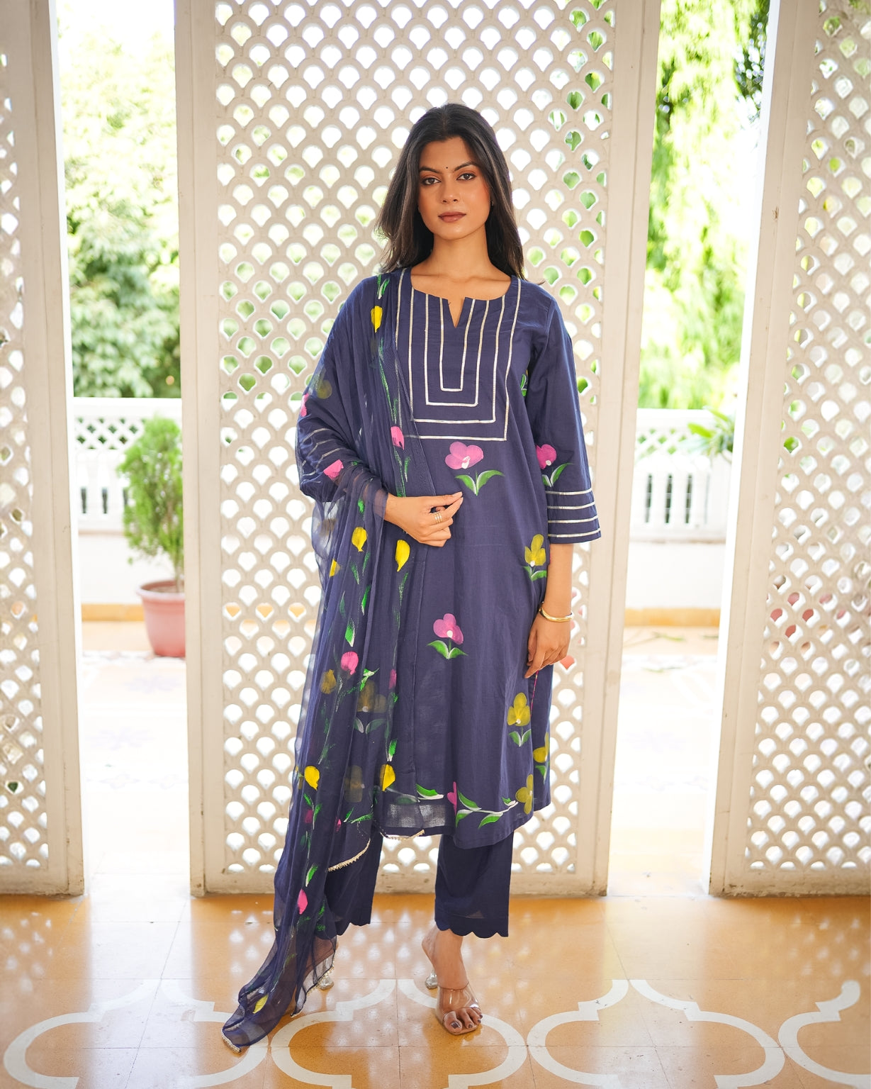 कादंबरी | Pure Cotton Hand Brush Print Suit Set with Charkhi Gota Work