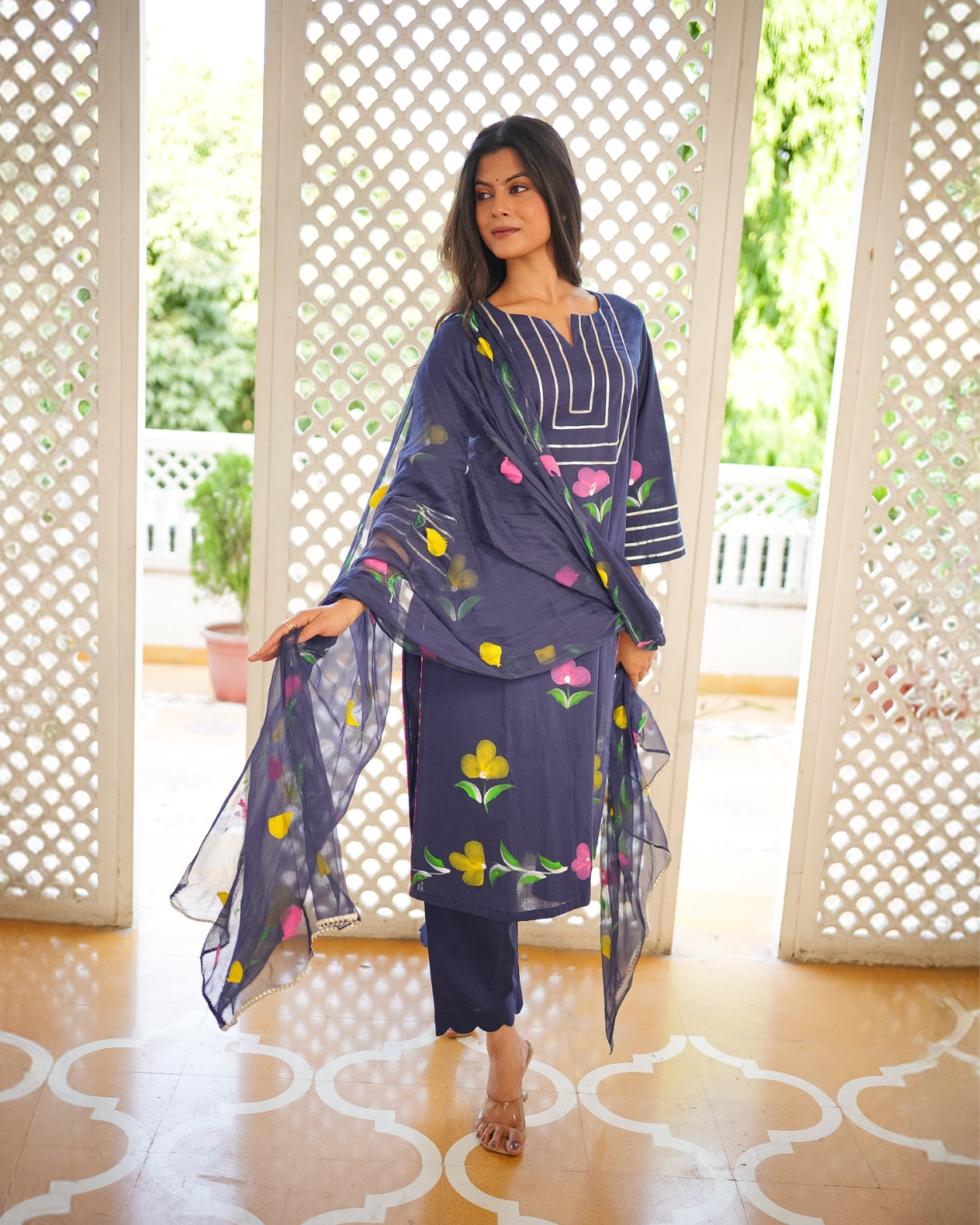 कादंबरी | Pure Cotton Hand Brush Print Suit Set with Charkhi Gota Work