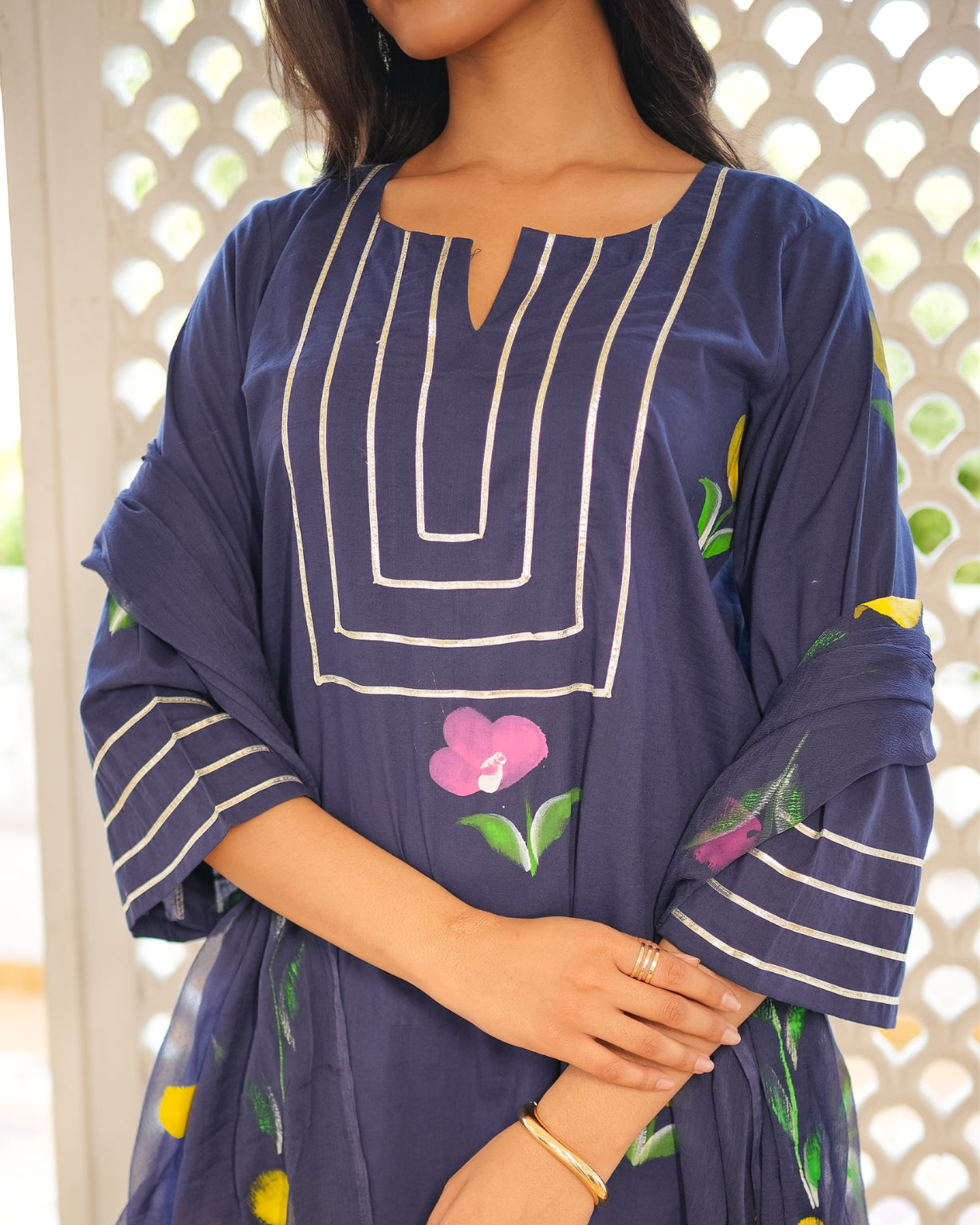 कादंबरी | Pure Cotton Hand Brush Print Suit Set with Charkhi Gota Work