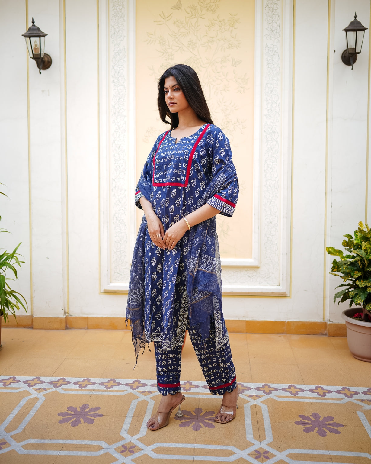 रॉयल नीलम | Pure Cotton Ajrakh Print Suit Set with Pure Chiffon Dupatta