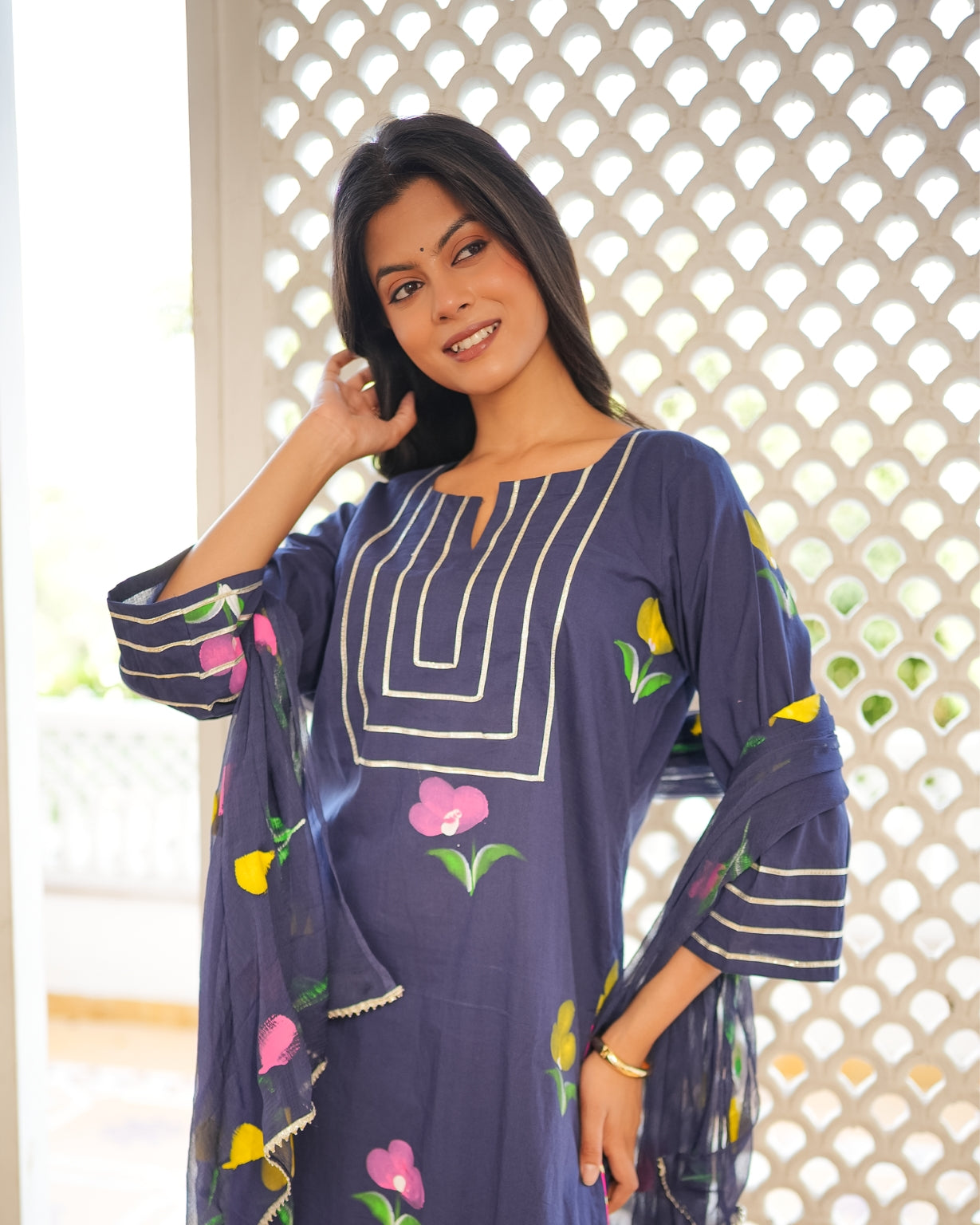कादंबरी | Pure Cotton Hand Brush Print Suit Set with Charkhi Gota Work