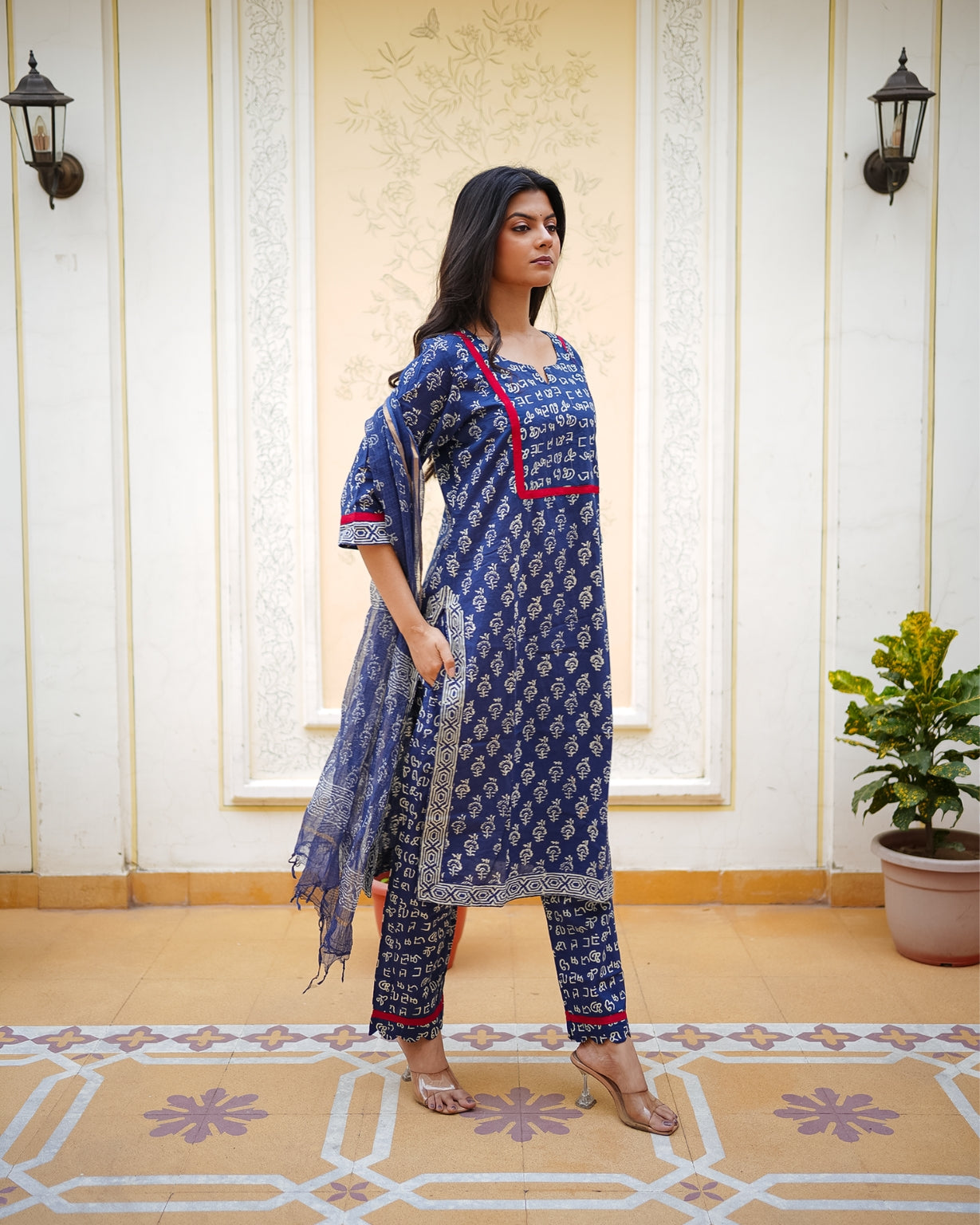 रॉयल नीलम | Pure Cotton Ajrakh Print Suit Set with Pure Chiffon Dupatta