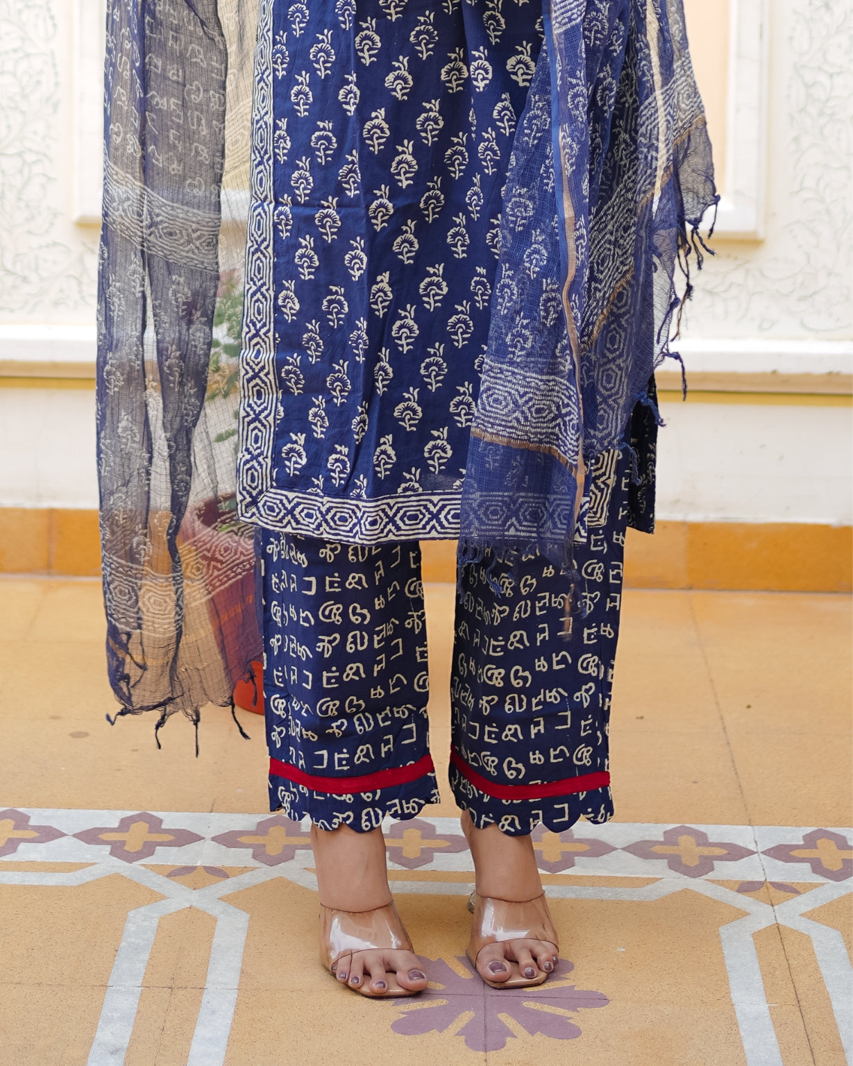 रॉयल नीलम | Pure Cotton Ajrakh Print Suit Set with Pure Chiffon Dupatta