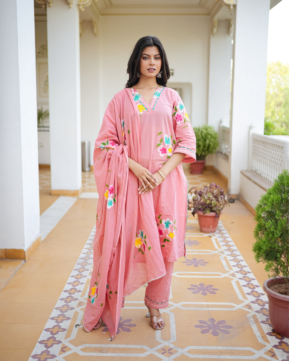 पुष्पांजलि | Pure Cotton Hand Brush Floral Print Suit Set with Resham Gota Kinari