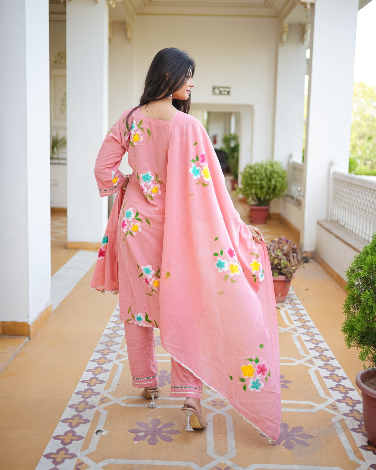 पुष्पांजलि | Pure Cotton Hand Brush Floral Print Suit Set with Resham Gota Kinari