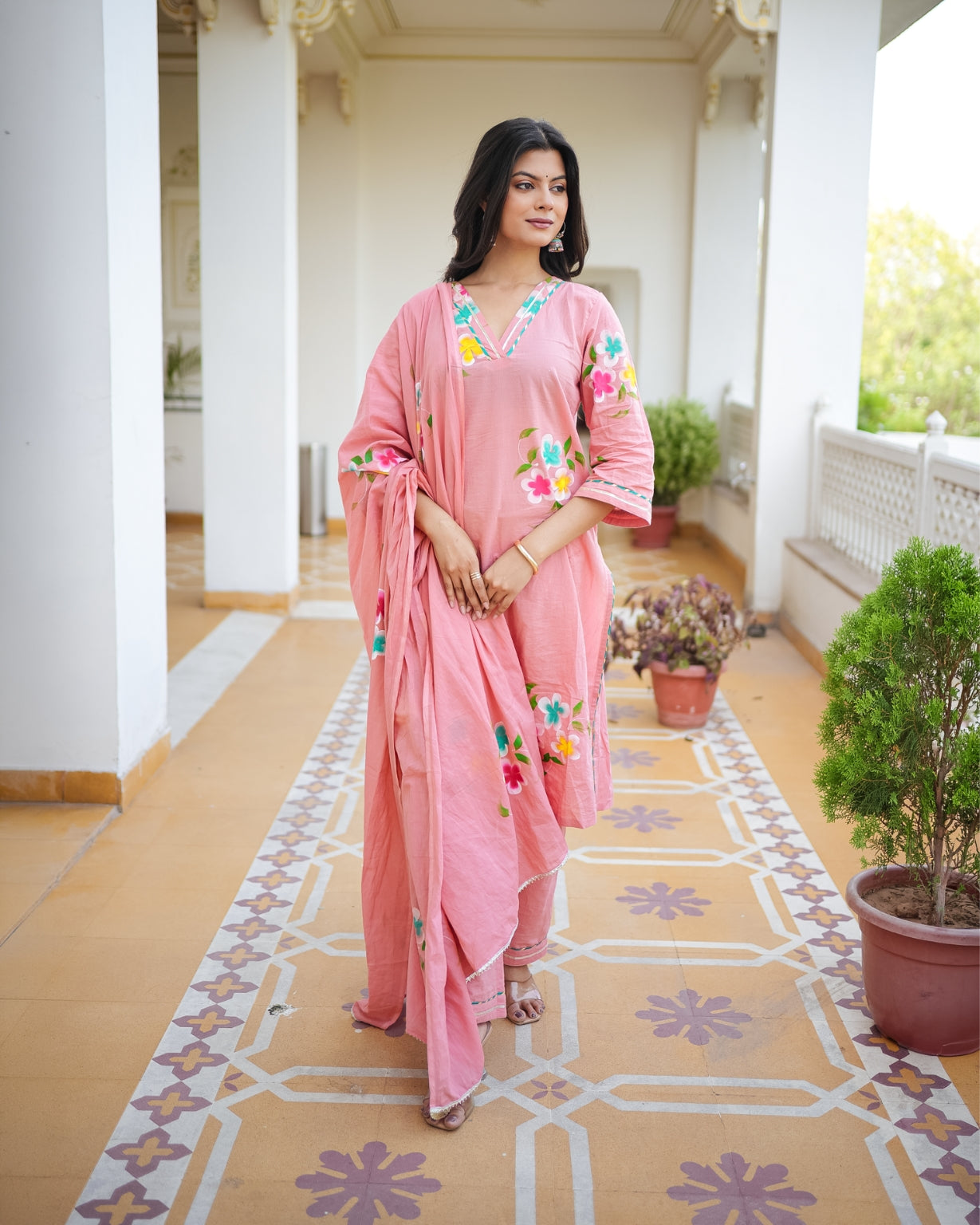 पुष्पांजलि | Pure Cotton Hand Brush Floral Print Suit Set with Resham Gota Kinari
