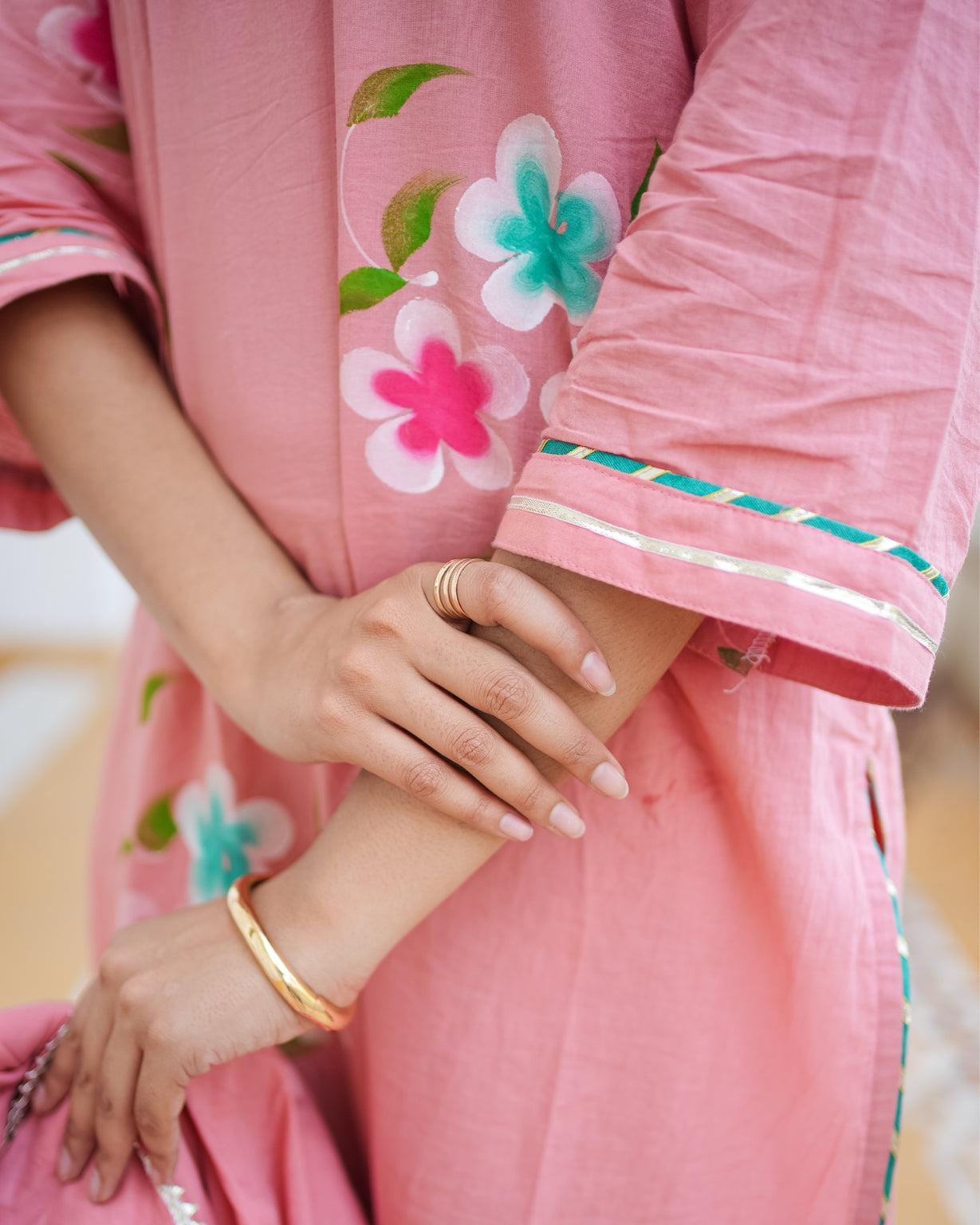 पुष्पांजलि | Pure Cotton Hand Brush Floral Print Suit Set with Resham Gota Kinari