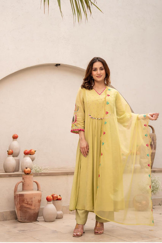 Pastel Yellow Anarkali Suit with Thread Embroidery