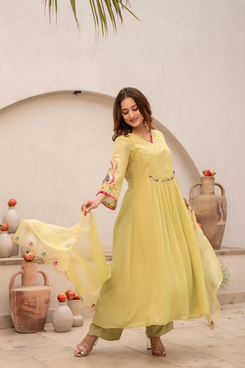 Pastel Yellow Anarkali Suit with Thread Embroidery