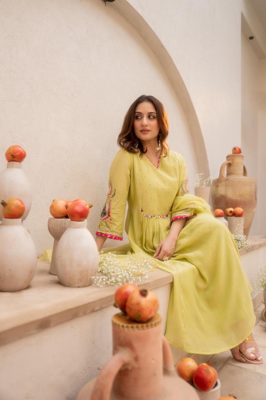 Pastel Yellow Anarkali Suit with Thread Embroidery