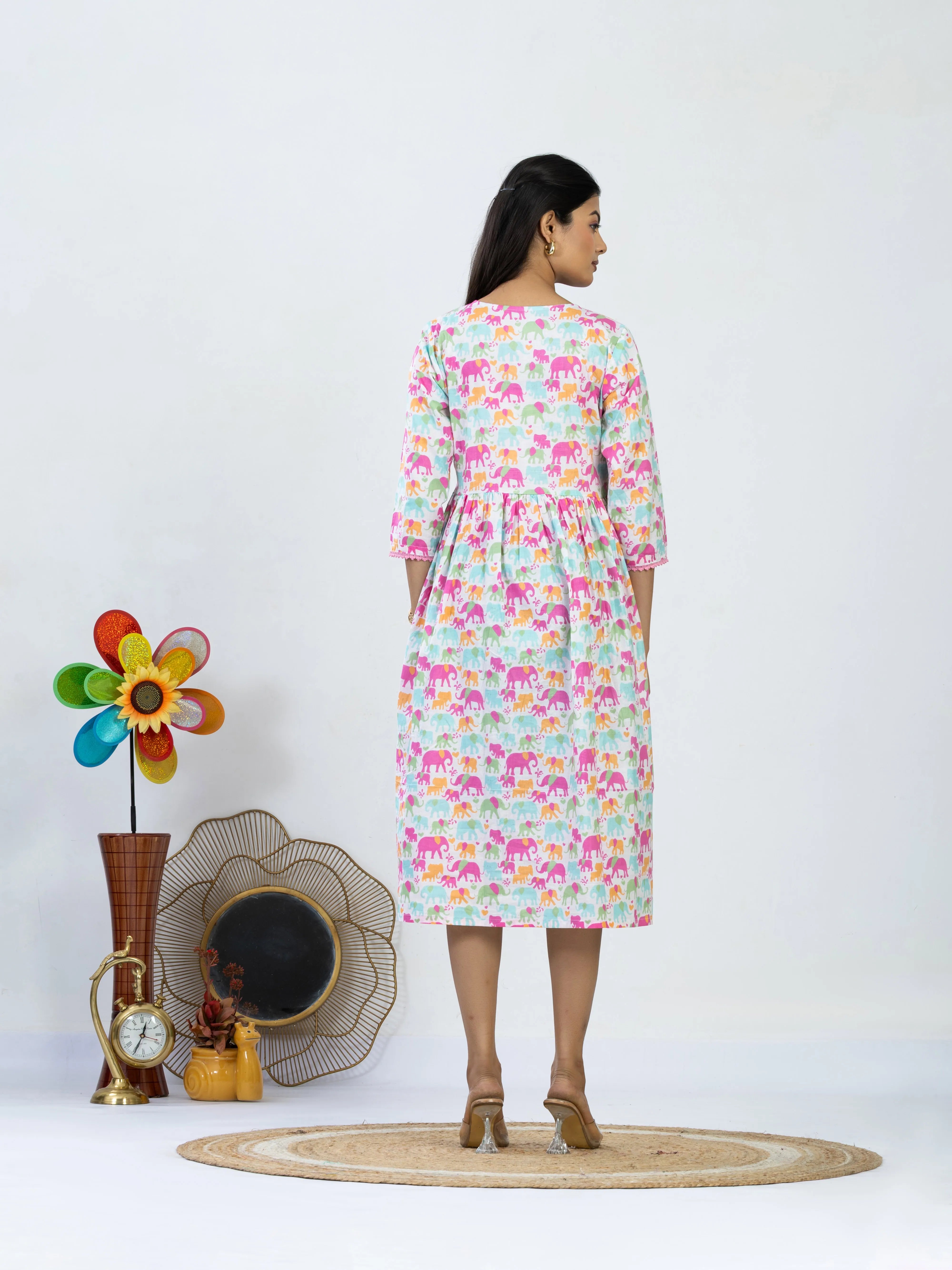 सुकून | Pastel Elephant Print Cotton Dress
