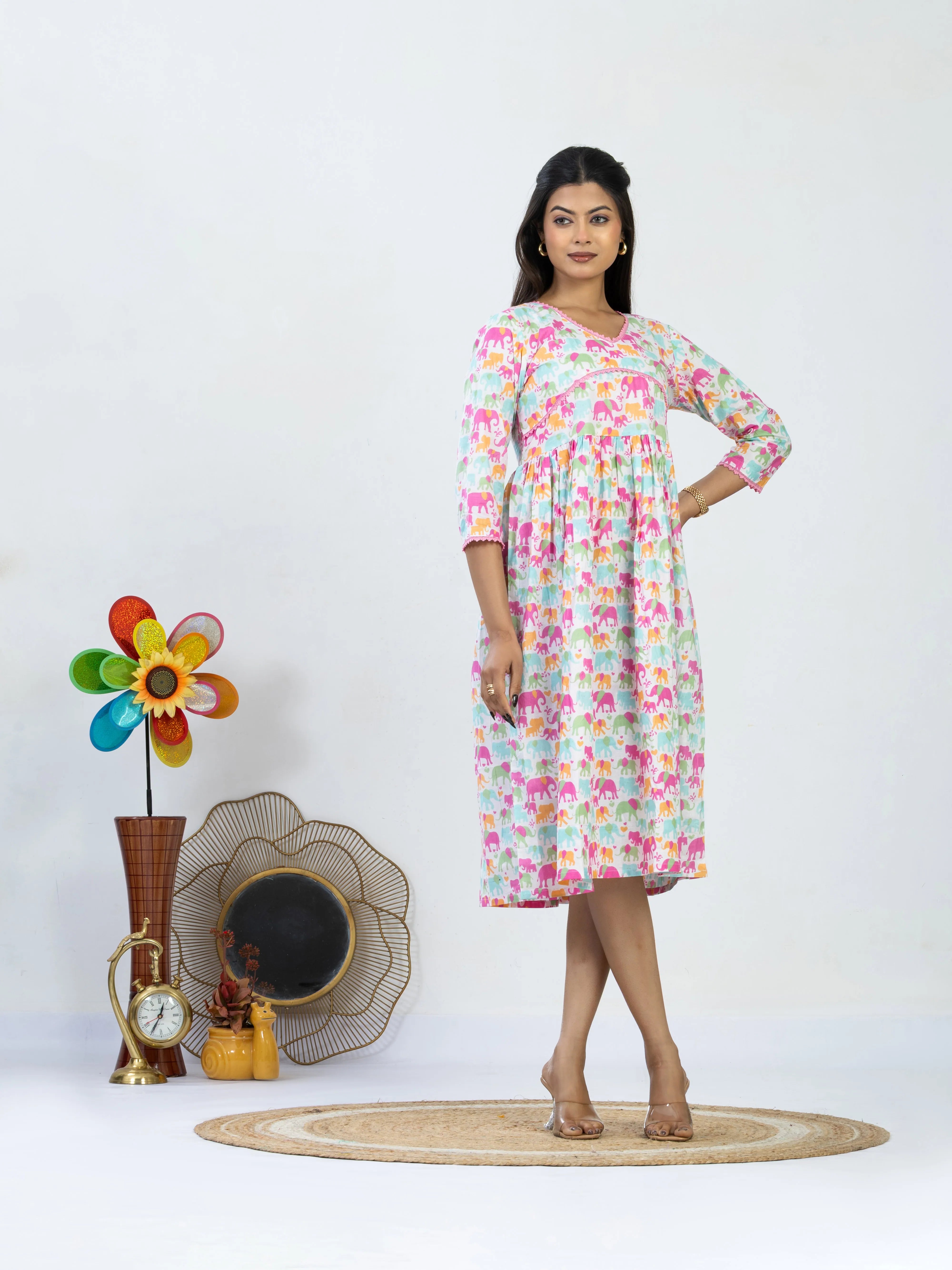 सुकून | Pastel Elephant Print Cotton Dress