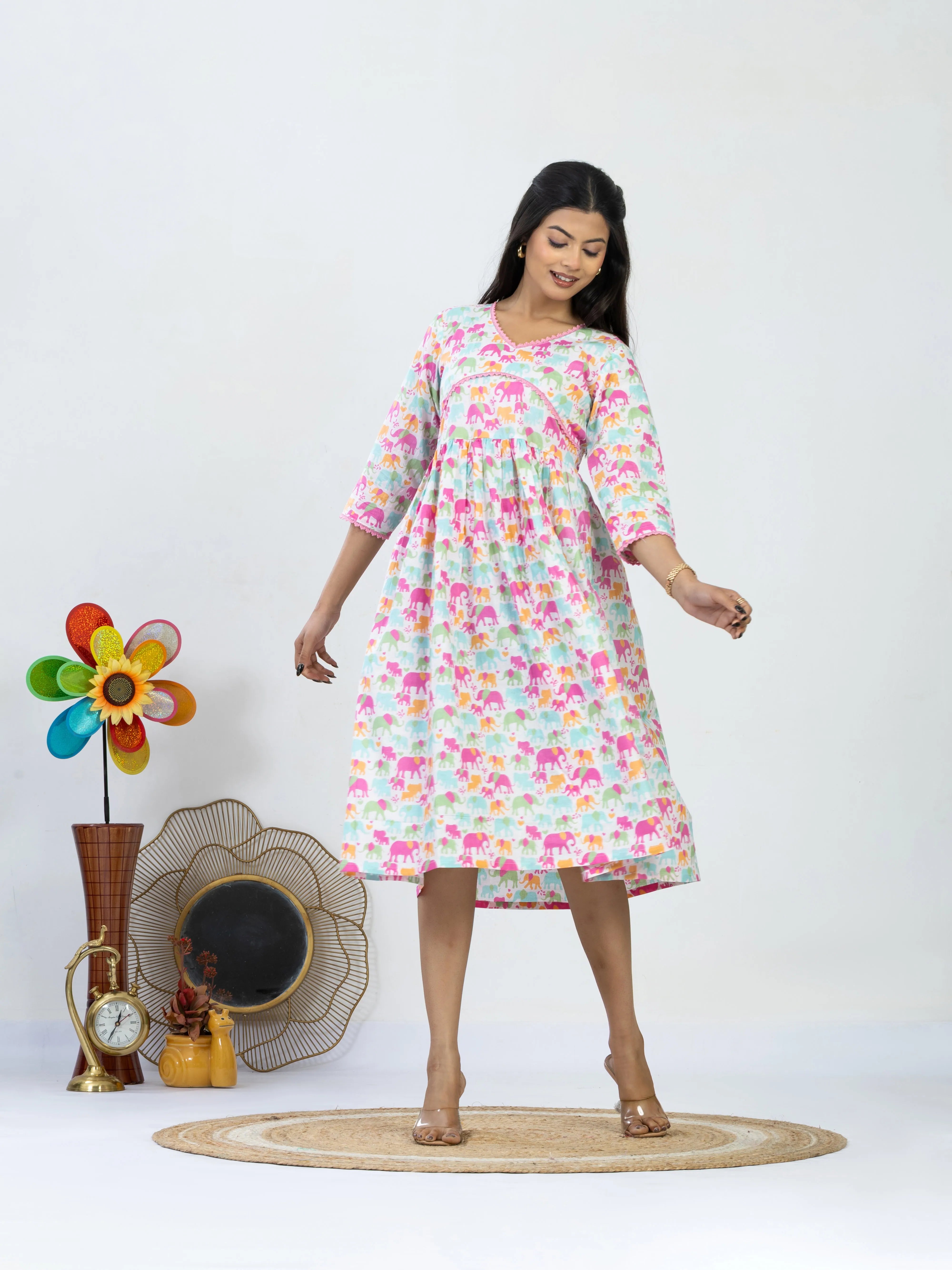 सुकून | Pastel Elephant Print Cotton Dress