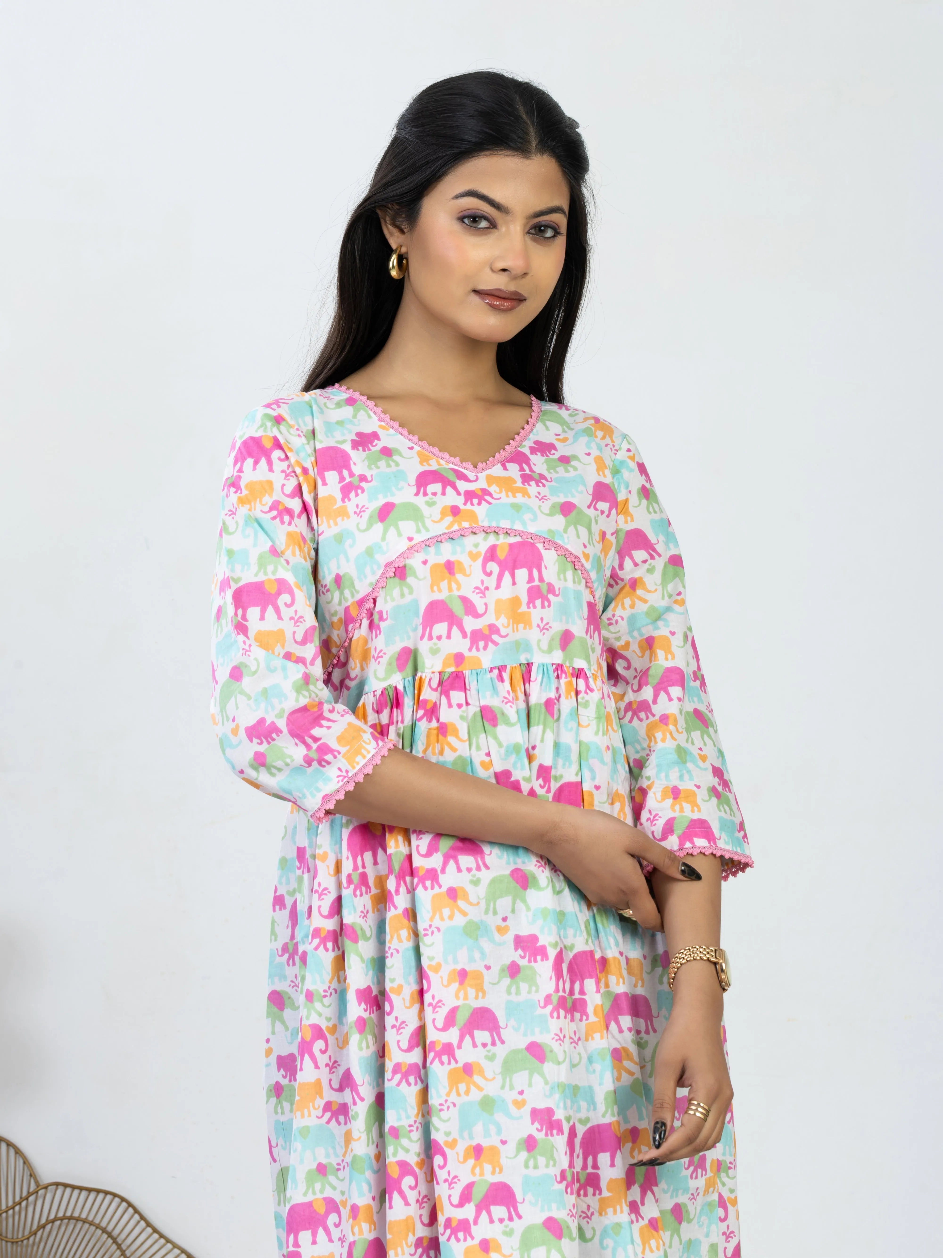सुकून | Pastel Elephant Print Cotton Dress