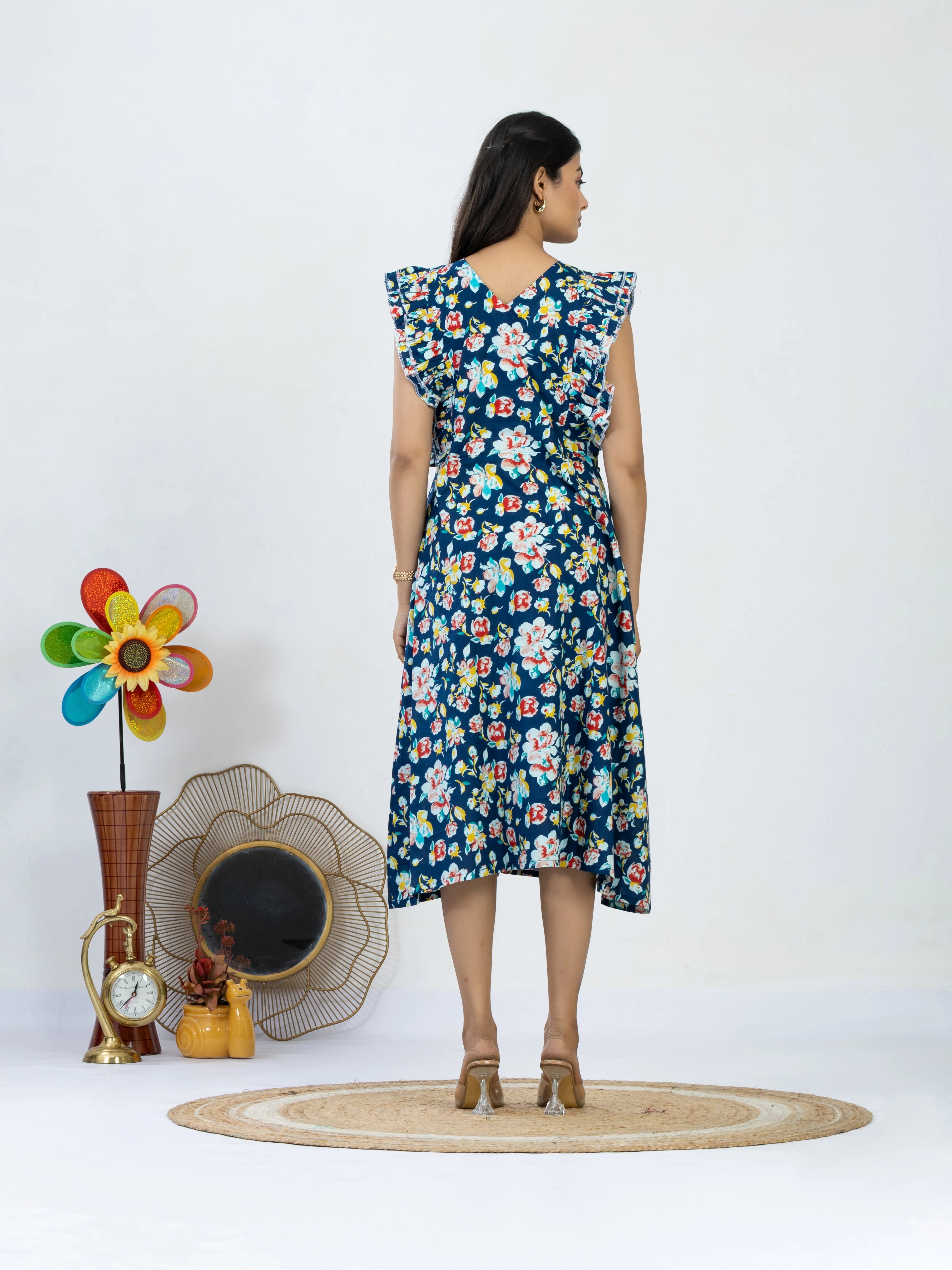 ब्लू माया | Navy Blue Floral Ruffle Cotton Midi Dress