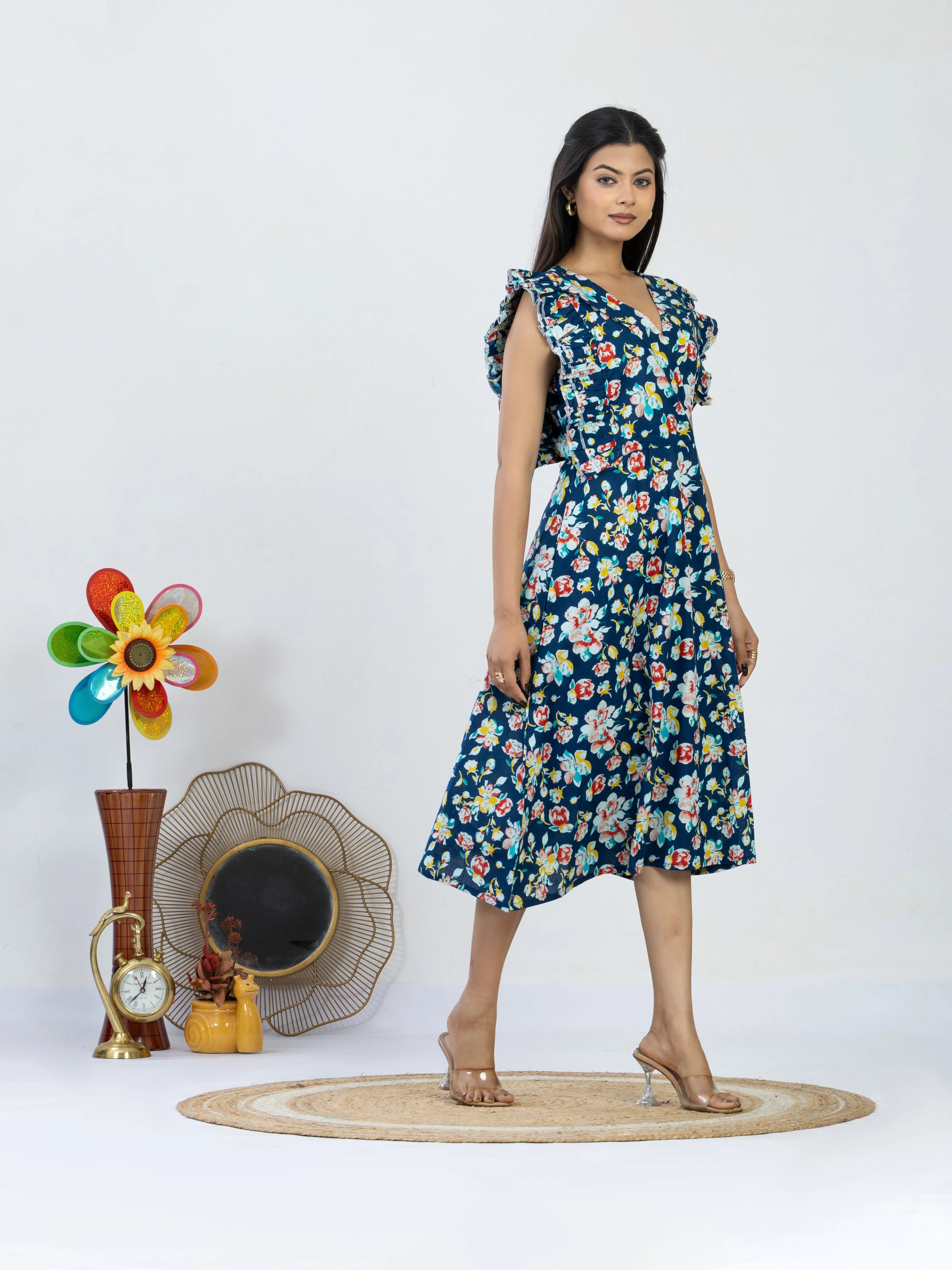 ब्लू माया | Navy Blue Floral Ruffle Cotton Midi Dress