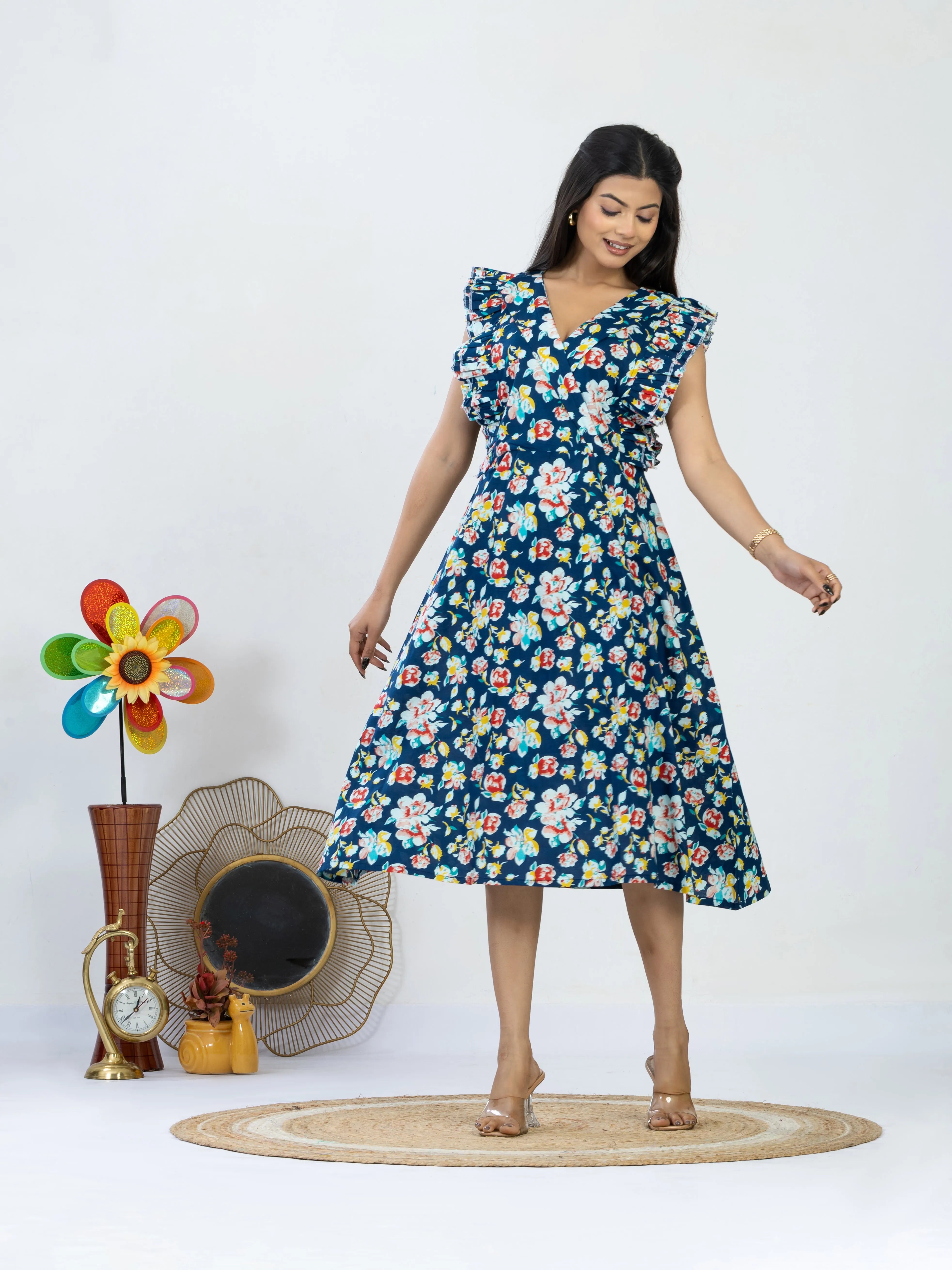 ब्लू माया | Navy Blue Floral Ruffle Cotton Midi Dress