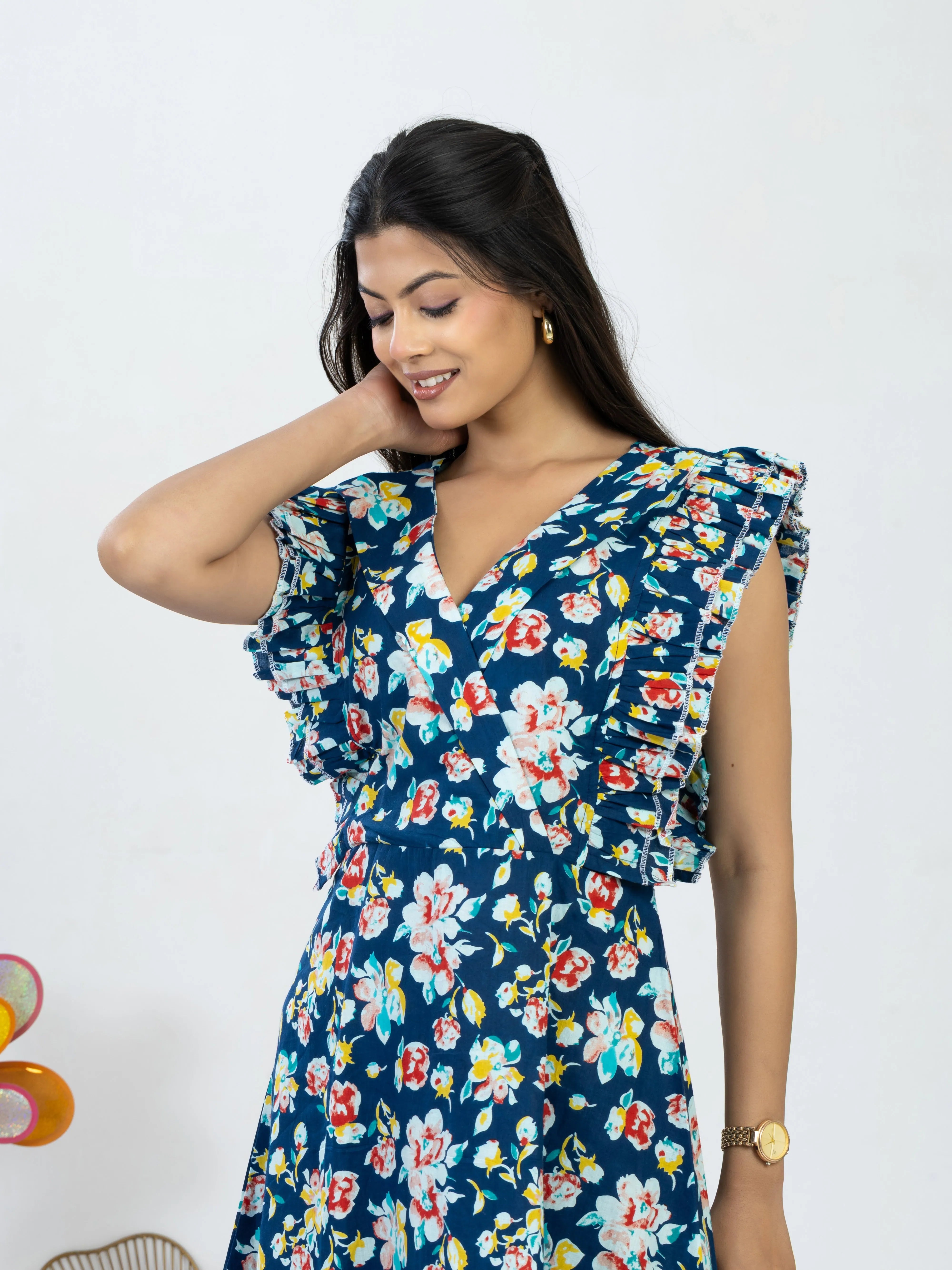 ब्लू माया | Navy Blue Floral Ruffle Cotton Midi Dress