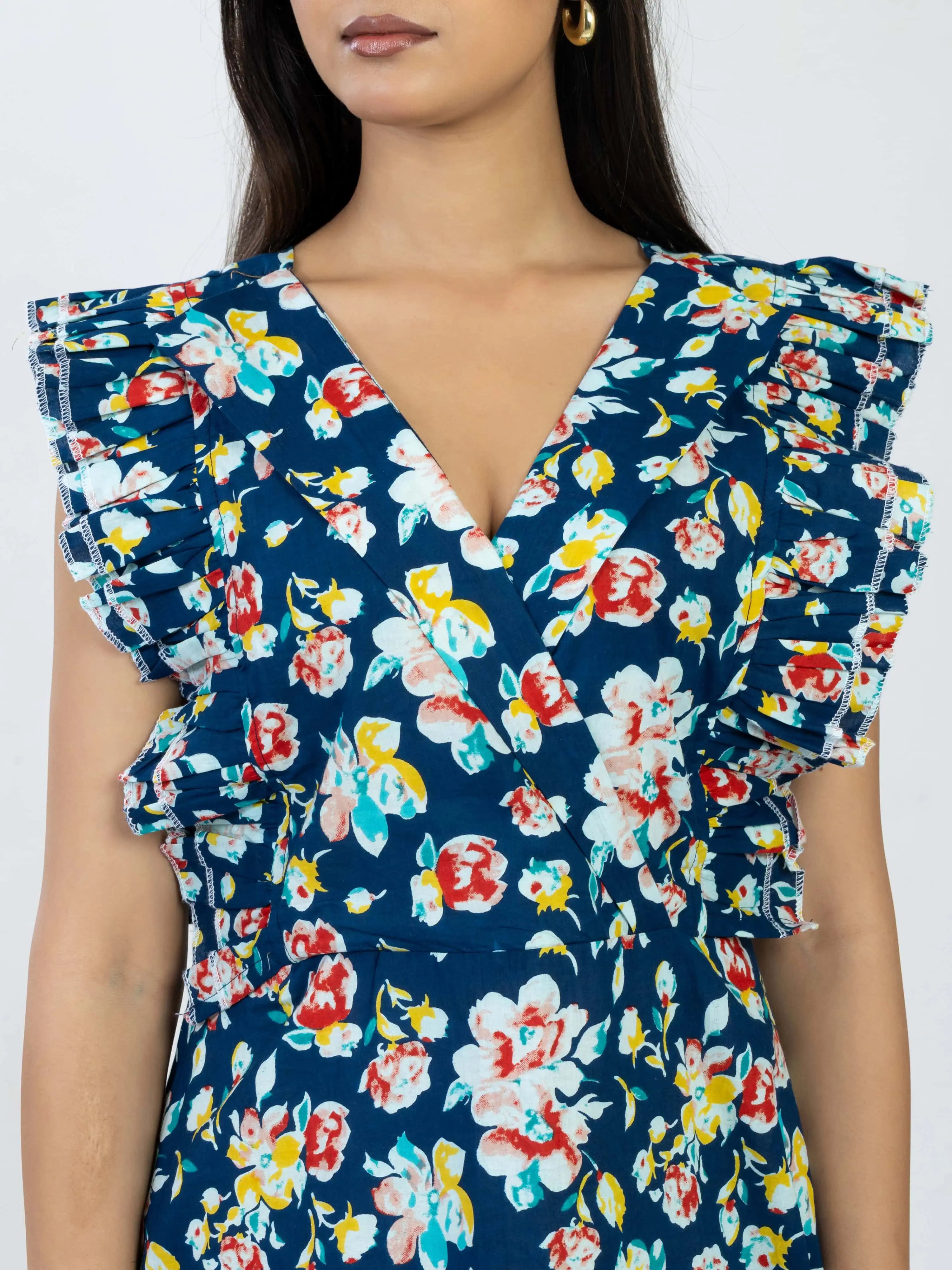 ब्लू माया | Navy Blue Floral Ruffle Cotton Midi Dress