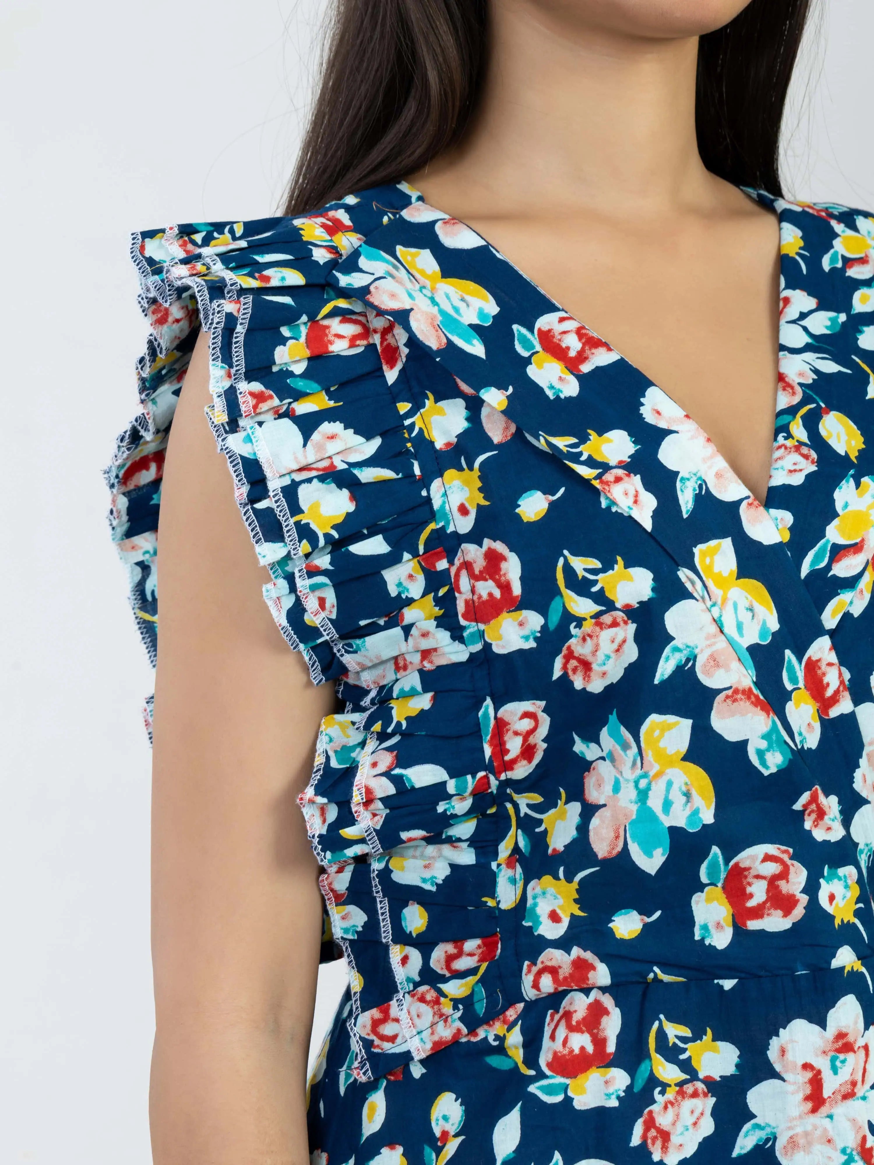 ब्लू माया | Navy Blue Floral Ruffle Cotton Midi Dress