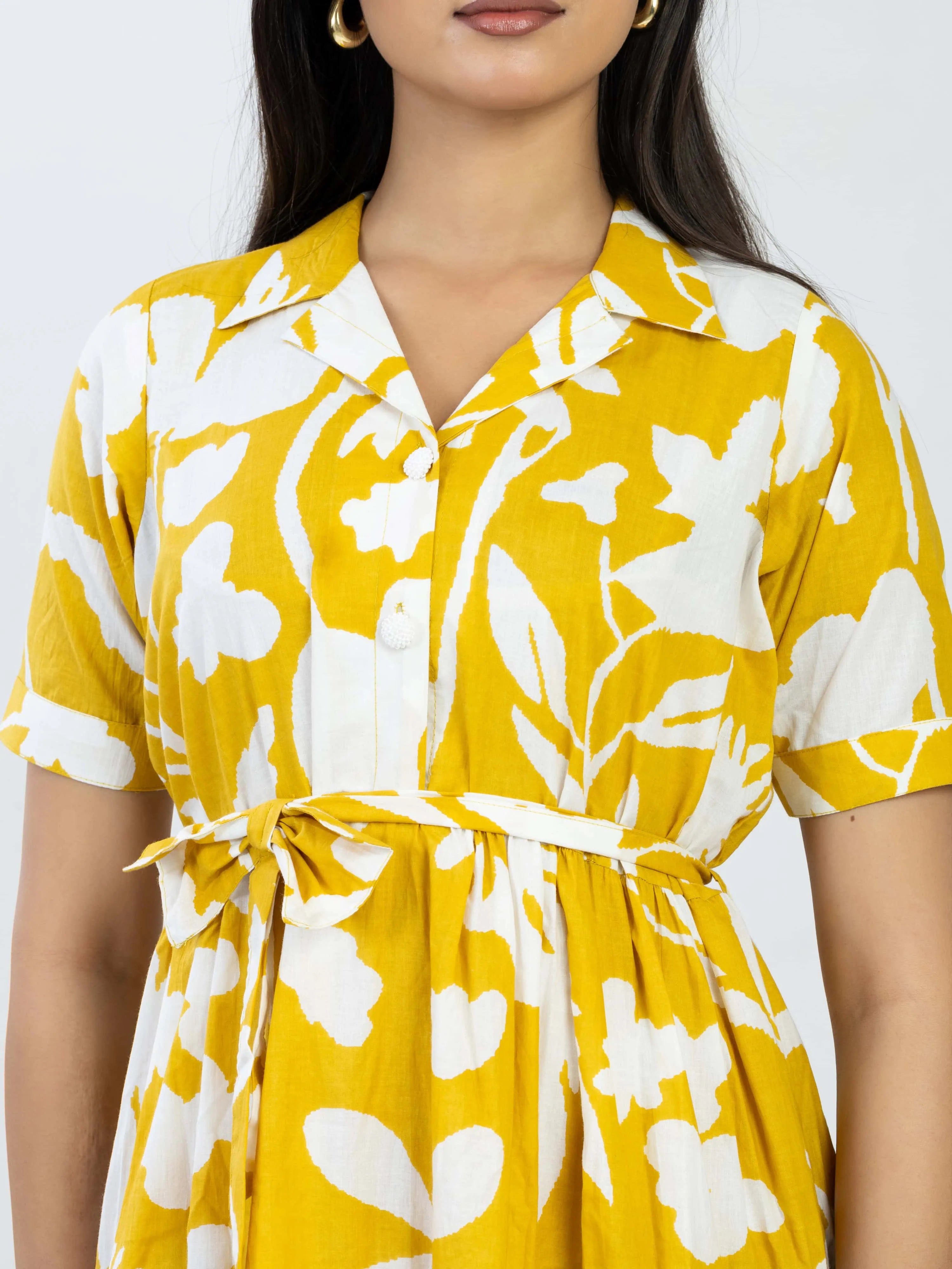 रंगमस्ती | Mustard Yellow Floral Flared Dress