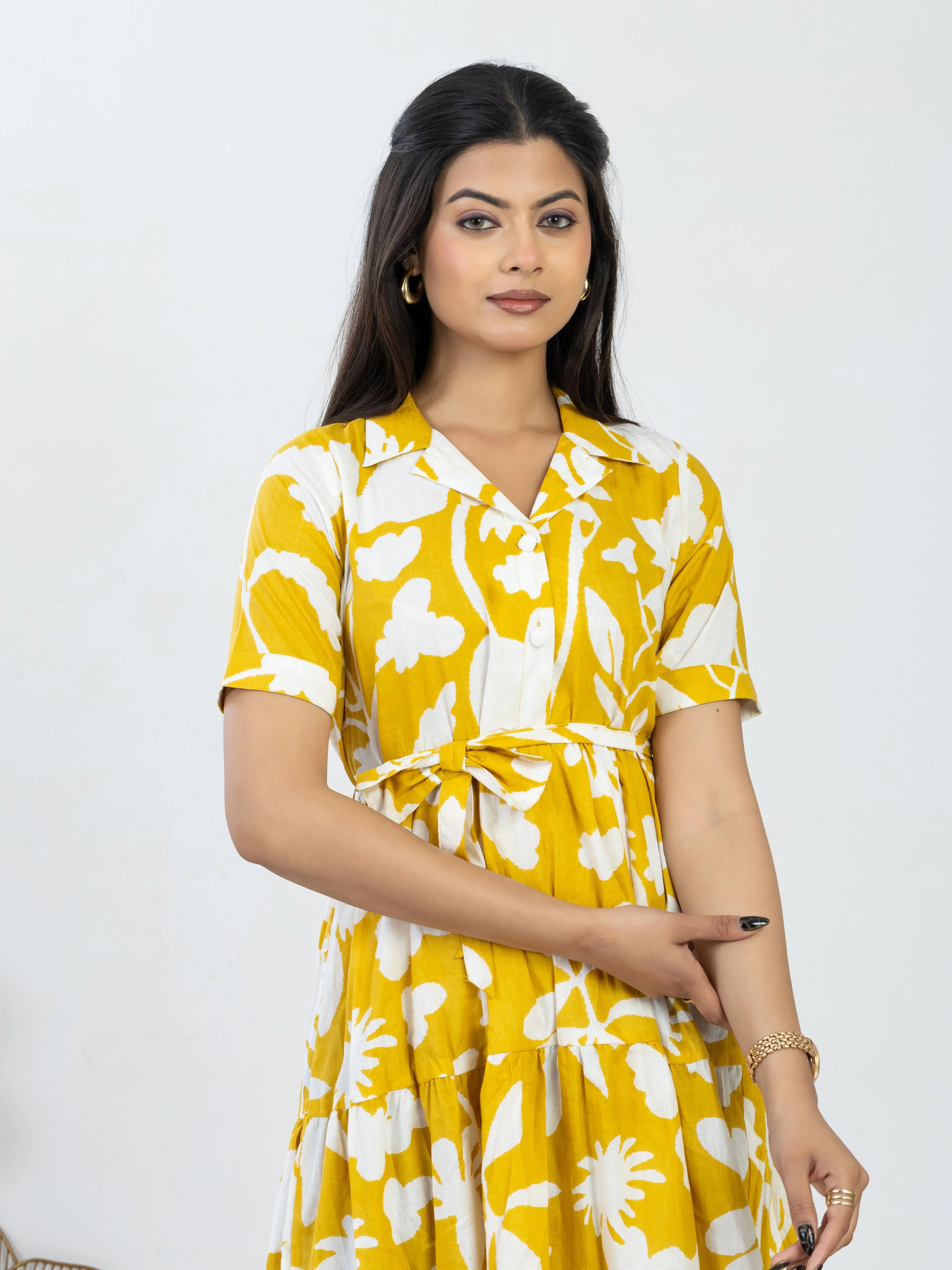 रंगमस्ती | Mustard Yellow Floral Flared Dress