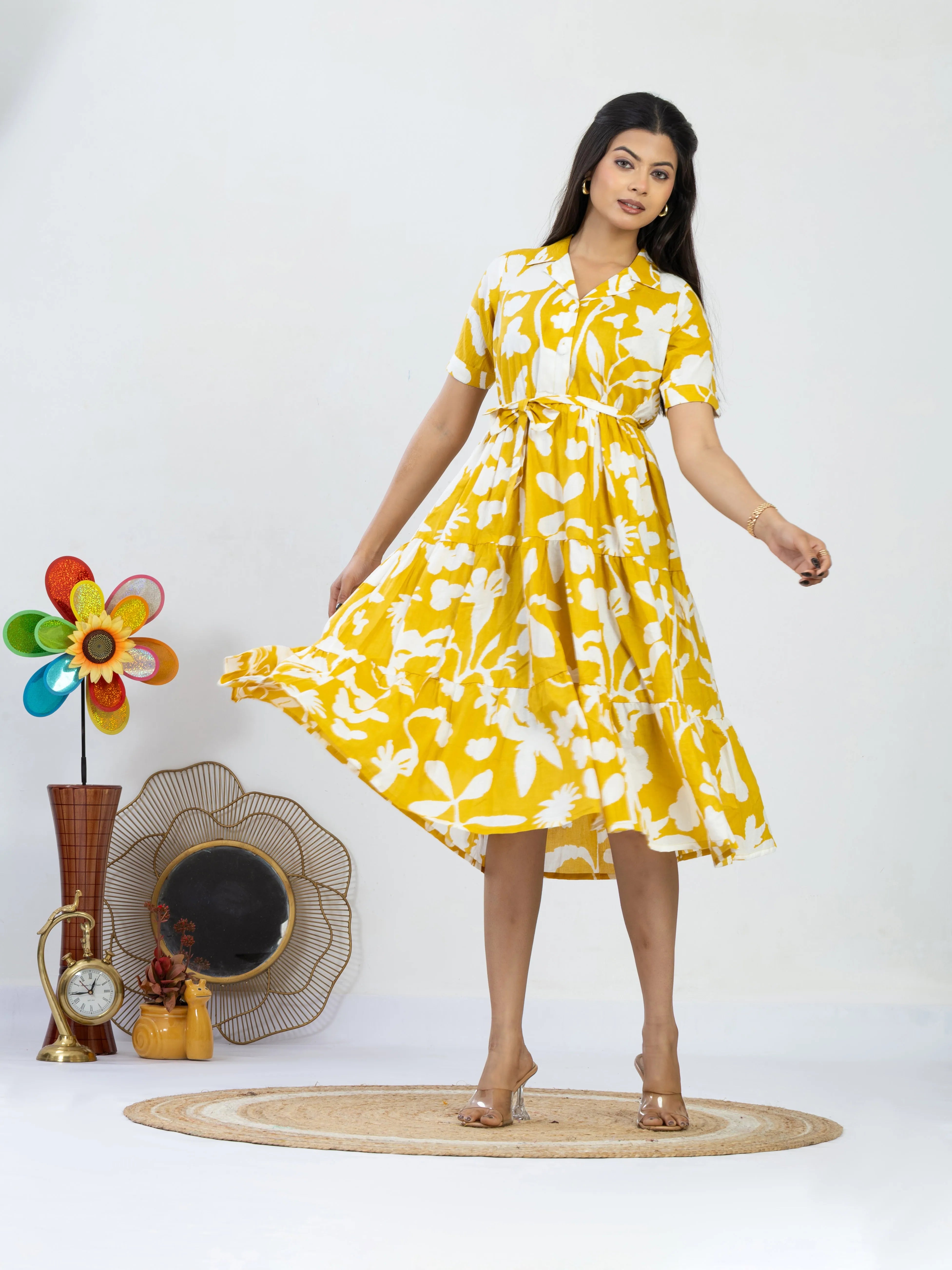 रंगमस्ती | Mustard Yellow Floral Flared Dress