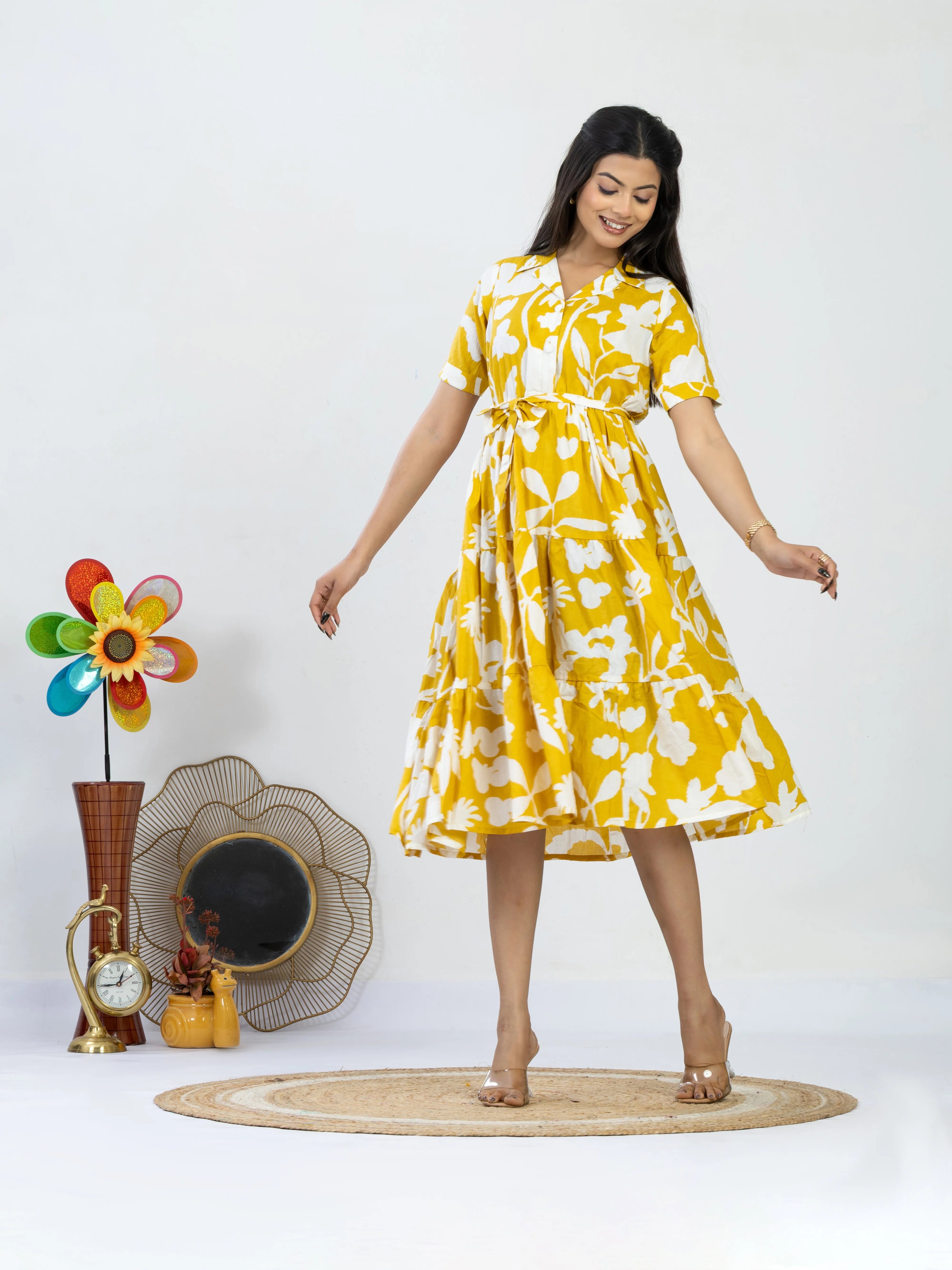 रंगमस्ती | Mustard Yellow Floral Flared Dress