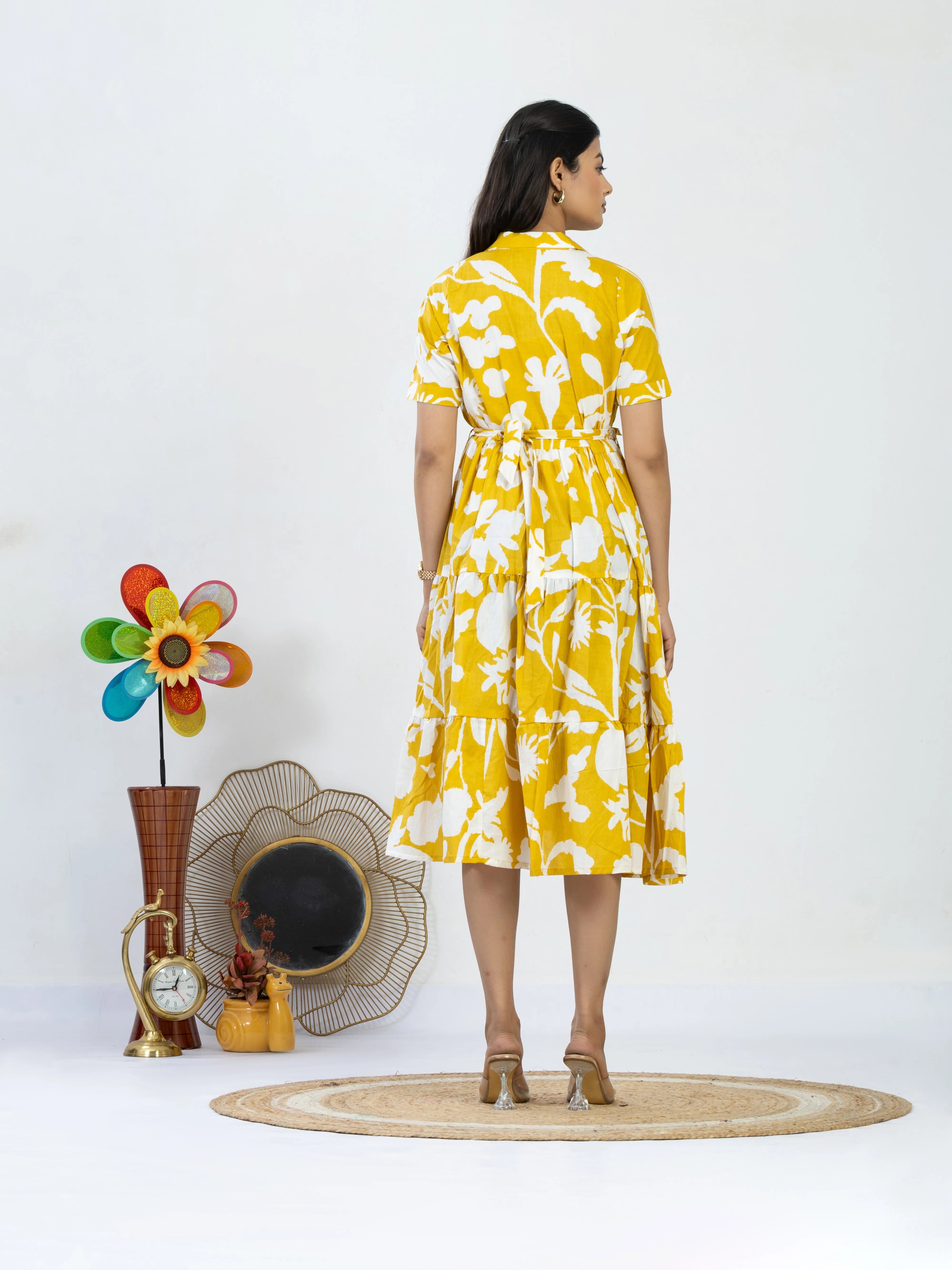 रंगमस्ती | Mustard Yellow Floral Flared Dress