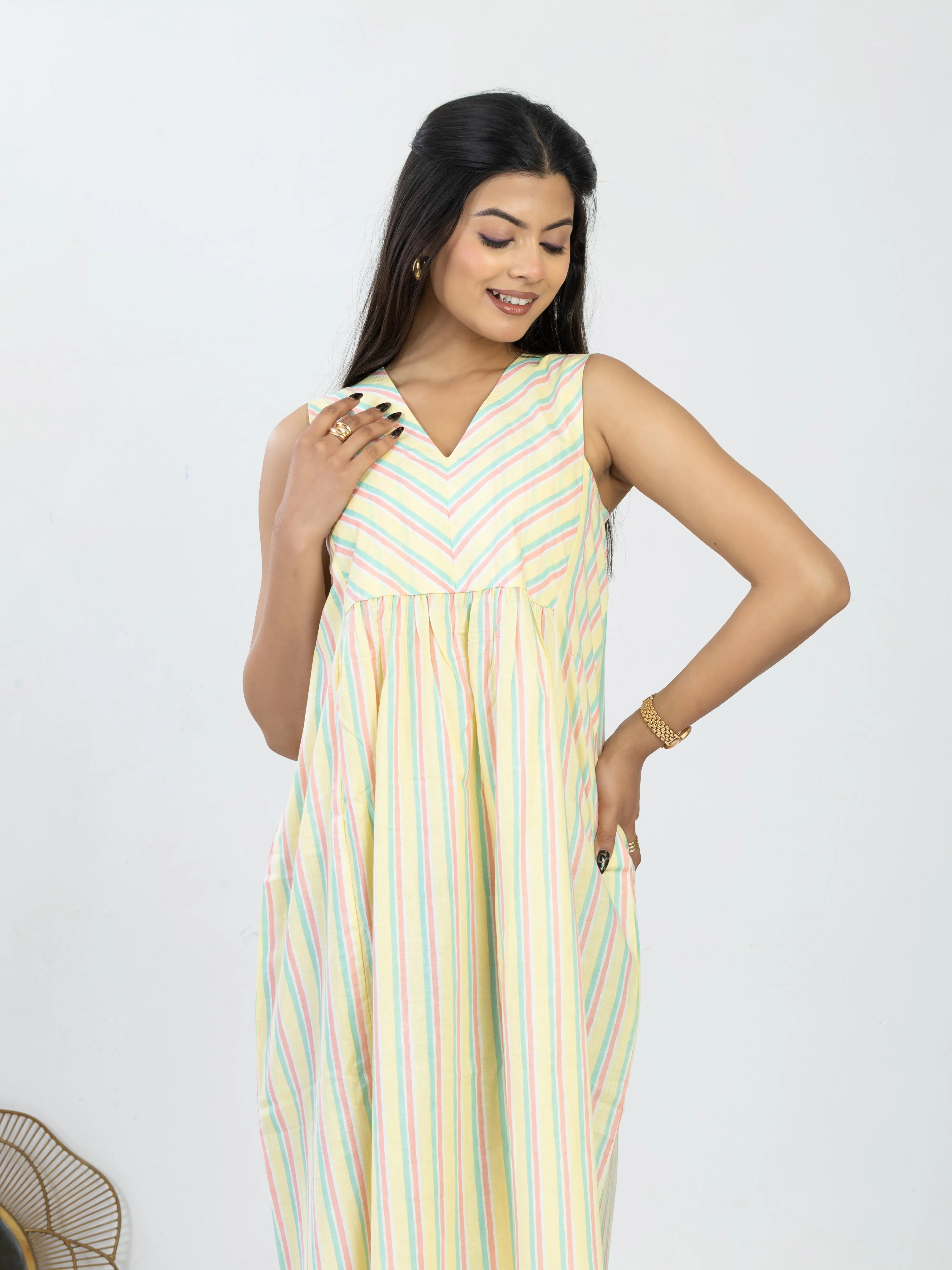 कोमलिक  | Soft Pastel Striped Summer Cotton Dress