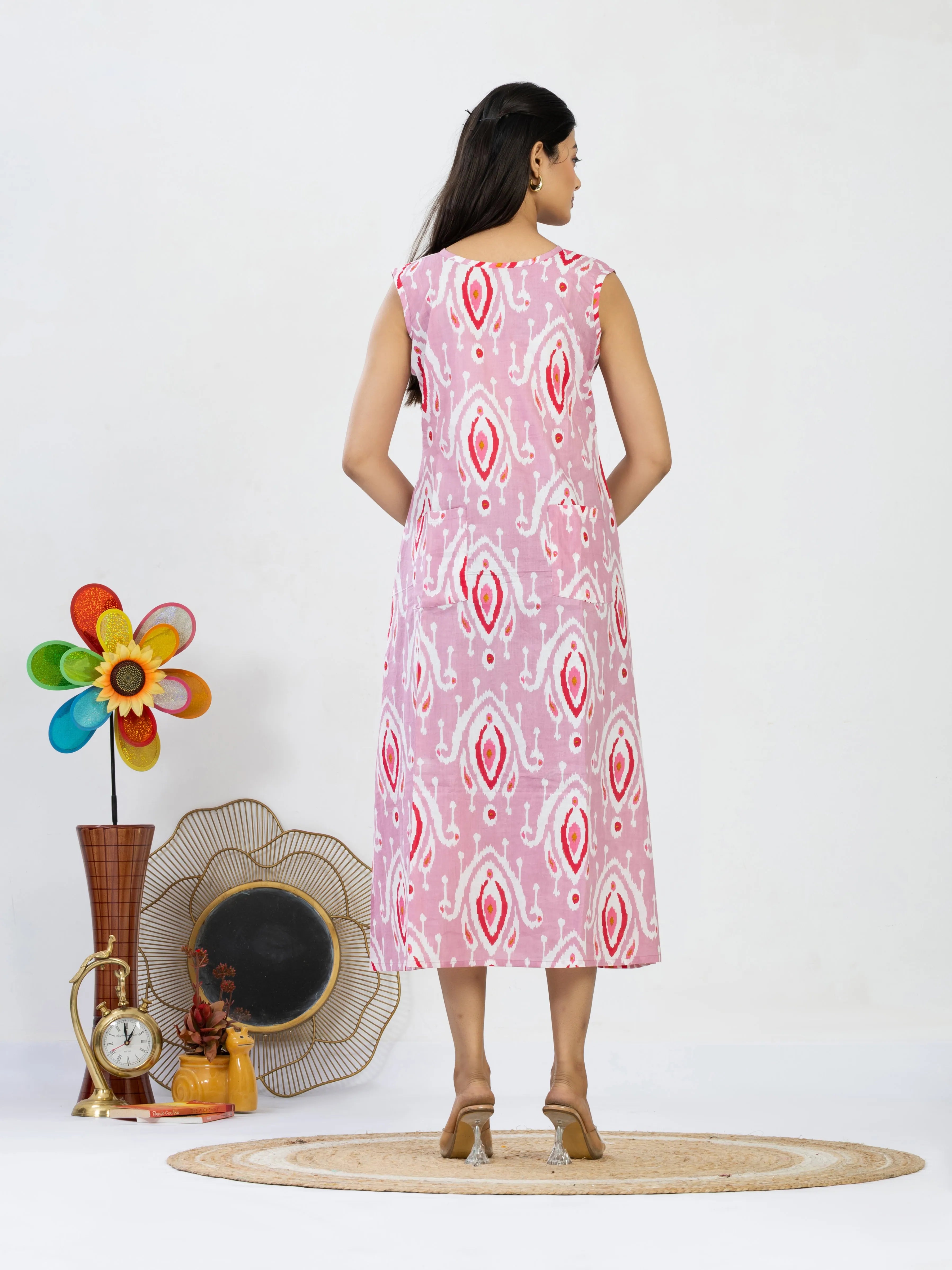 मायारंग | Pink Ikat Print Vacation Midi Dress