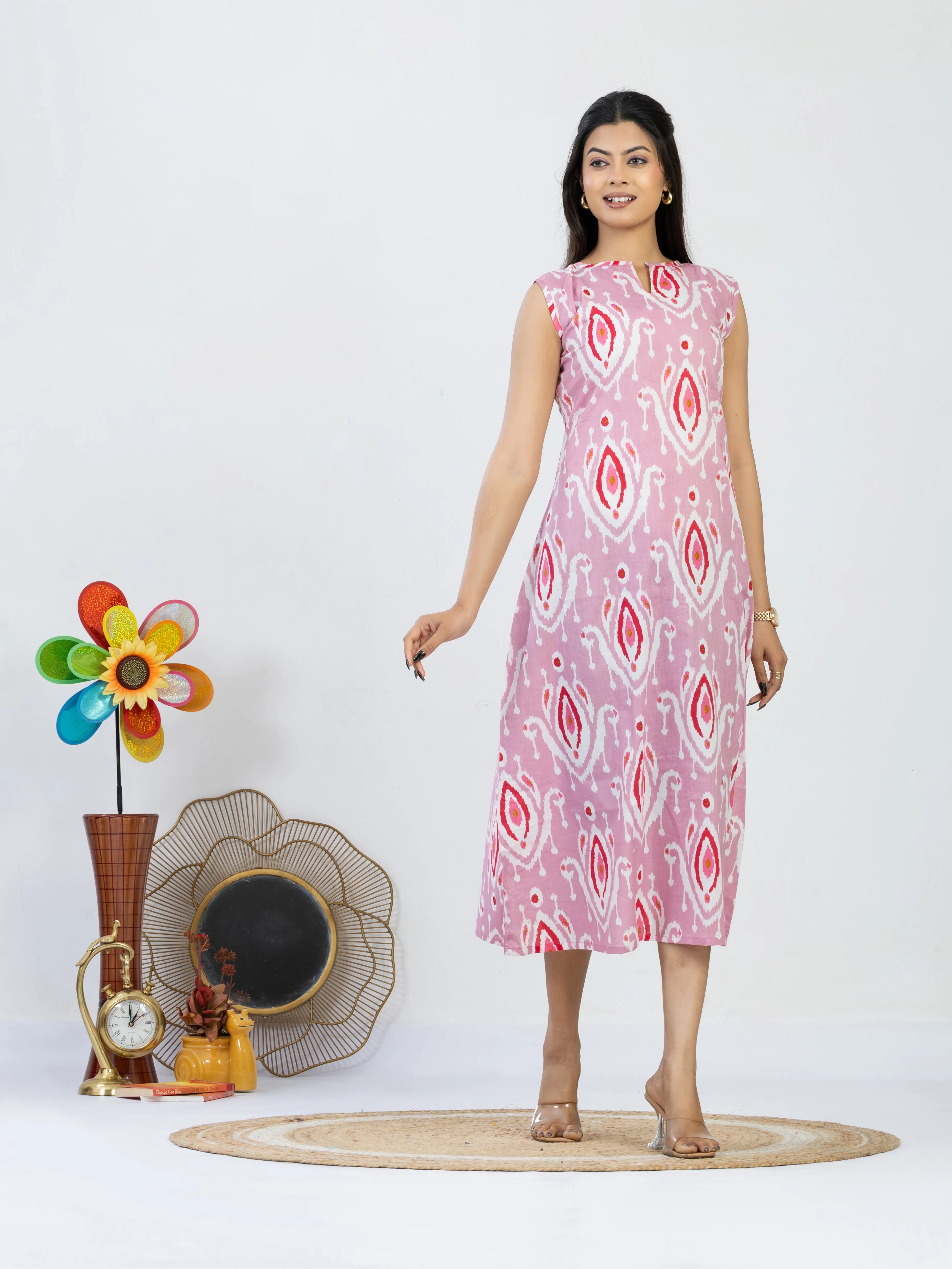 मायारंग | Pink Ikat Print Vacation Midi Dress