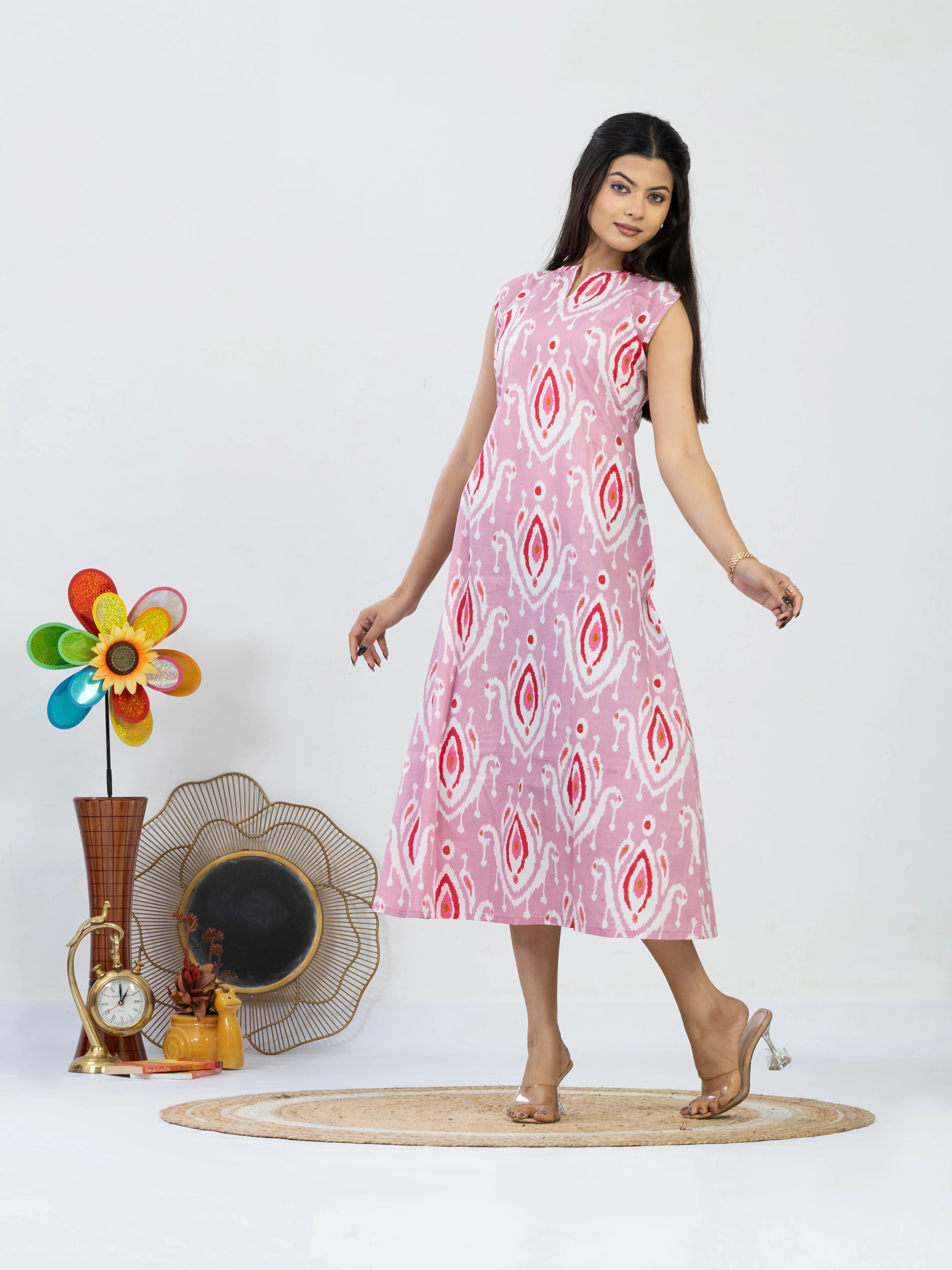 मायारंग | Pink Ikat Print Vacation Midi Dress