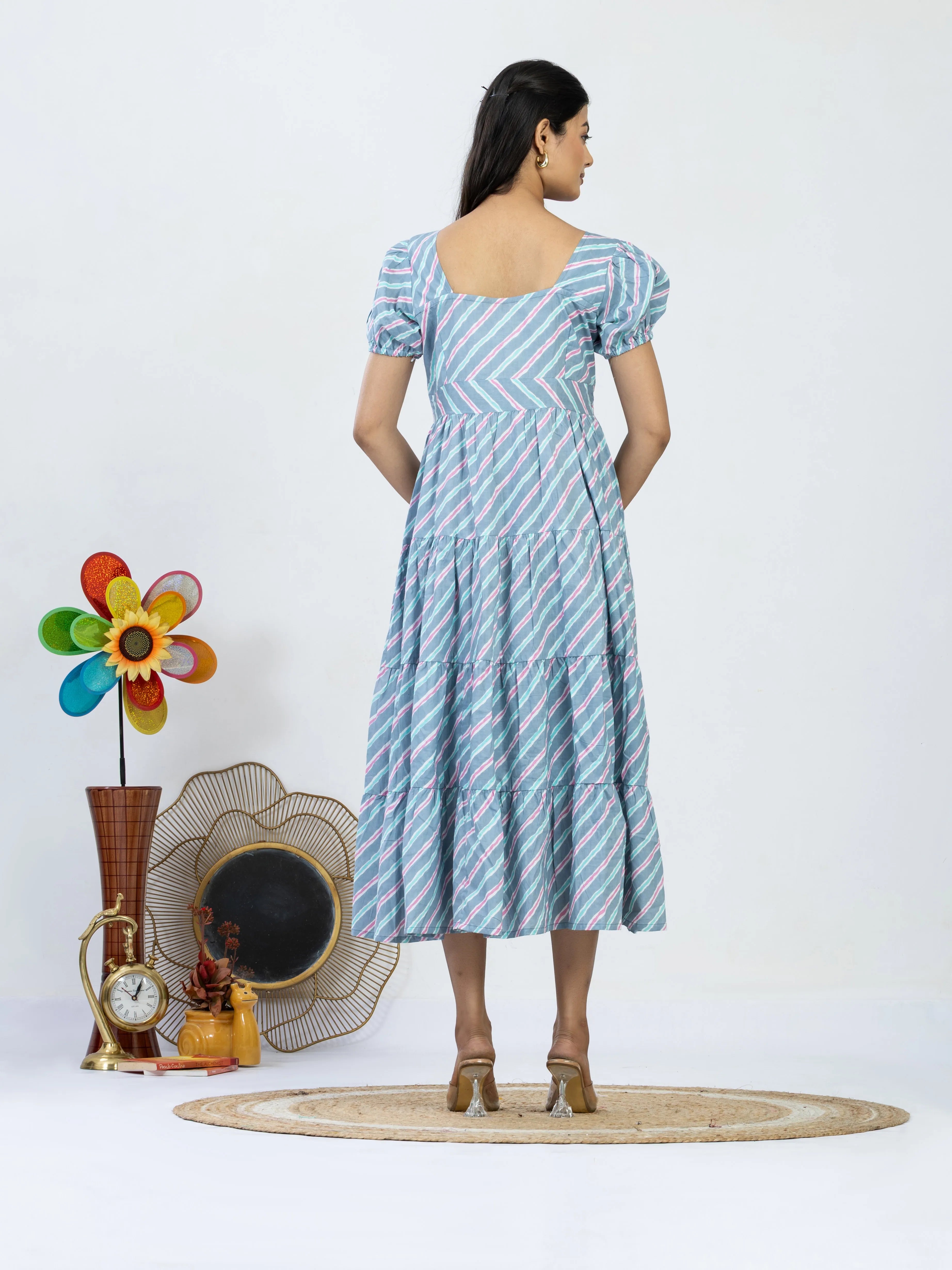 कुसुम | Green Vertical Stripe Vacation Cotton Midi Dress