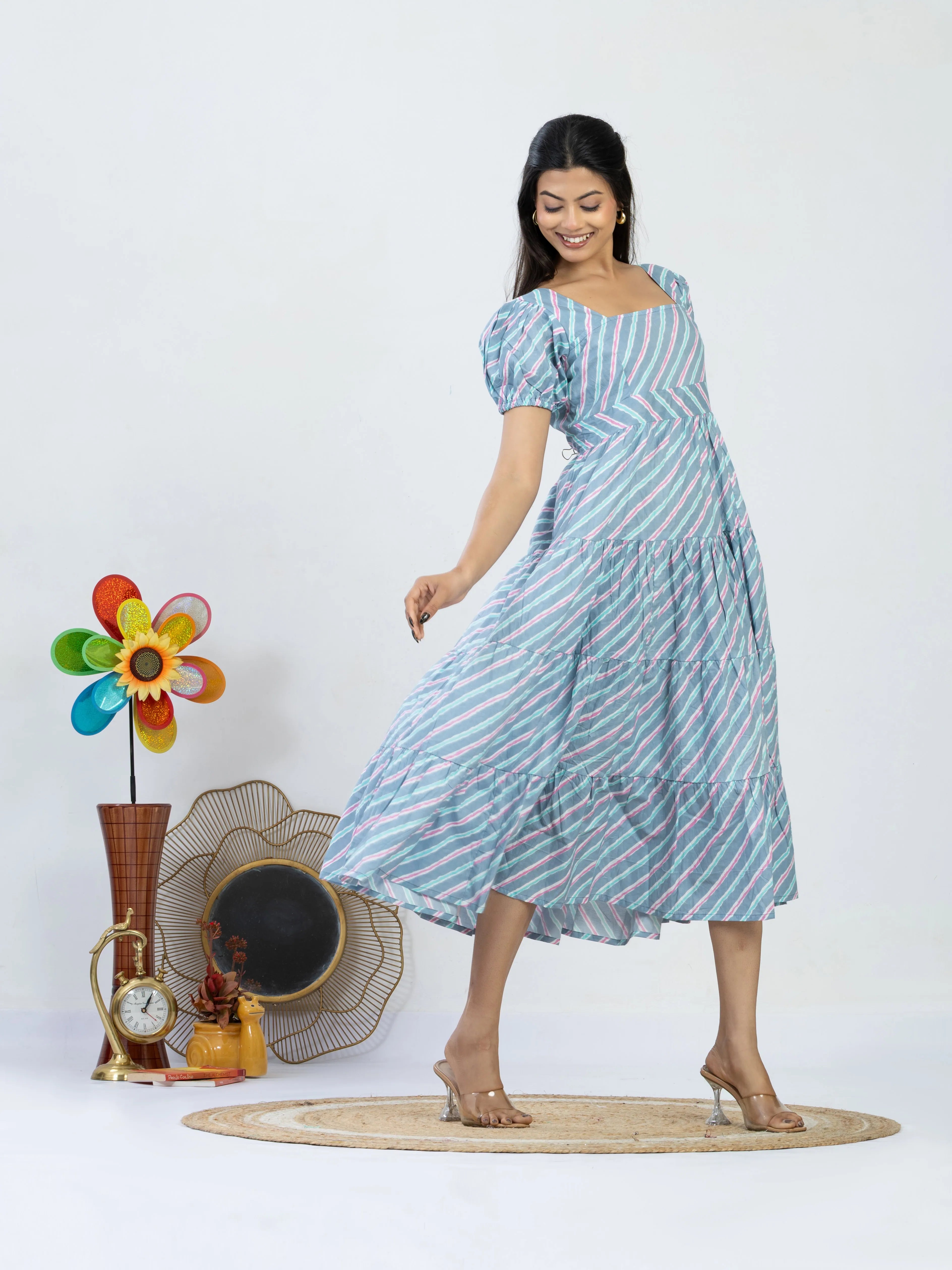 कुसुम | Green Vertical Stripe Vacation Cotton Midi Dress