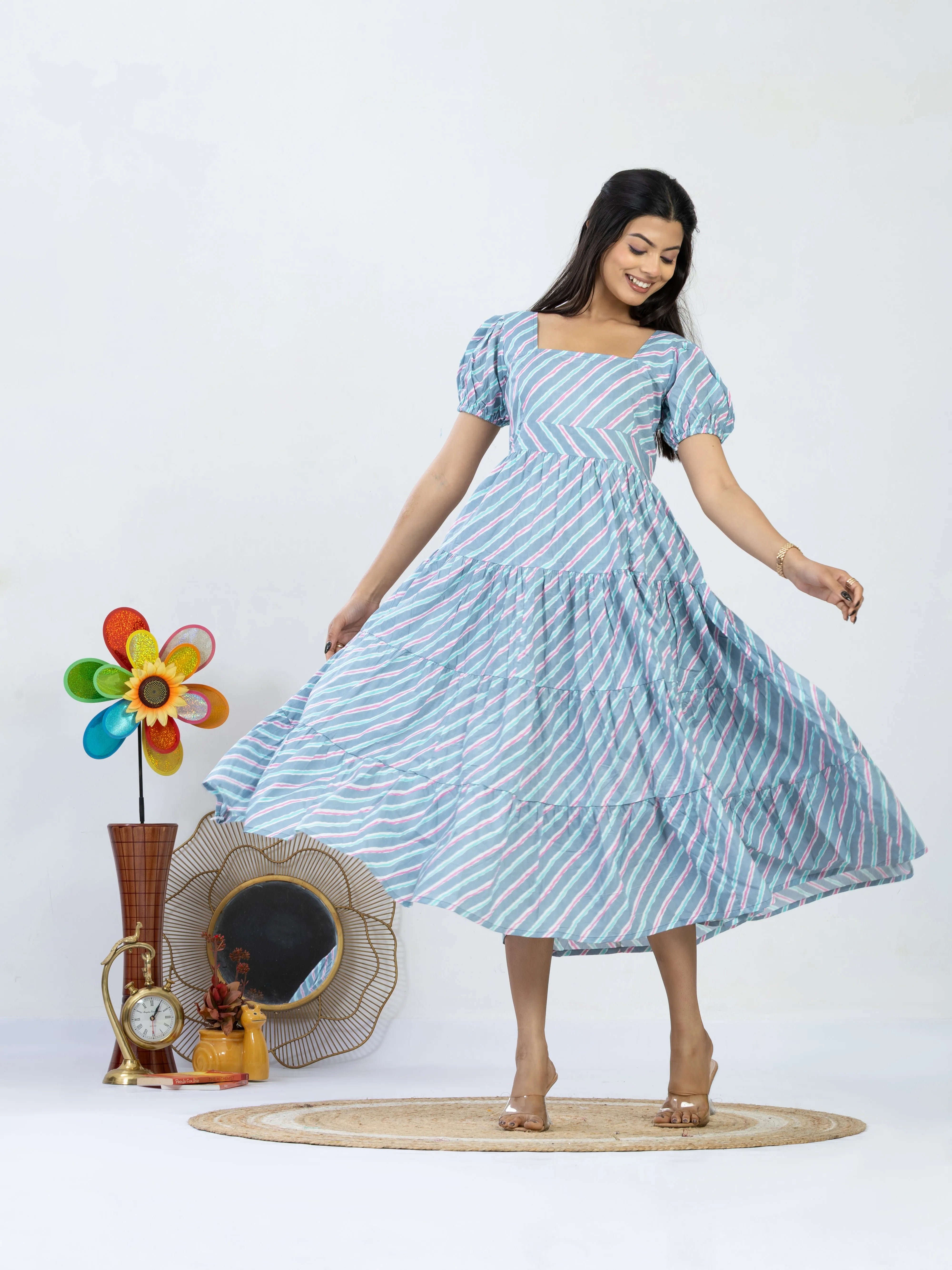 कुसुम | Green Vertical Stripe Vacation Cotton Midi Dress