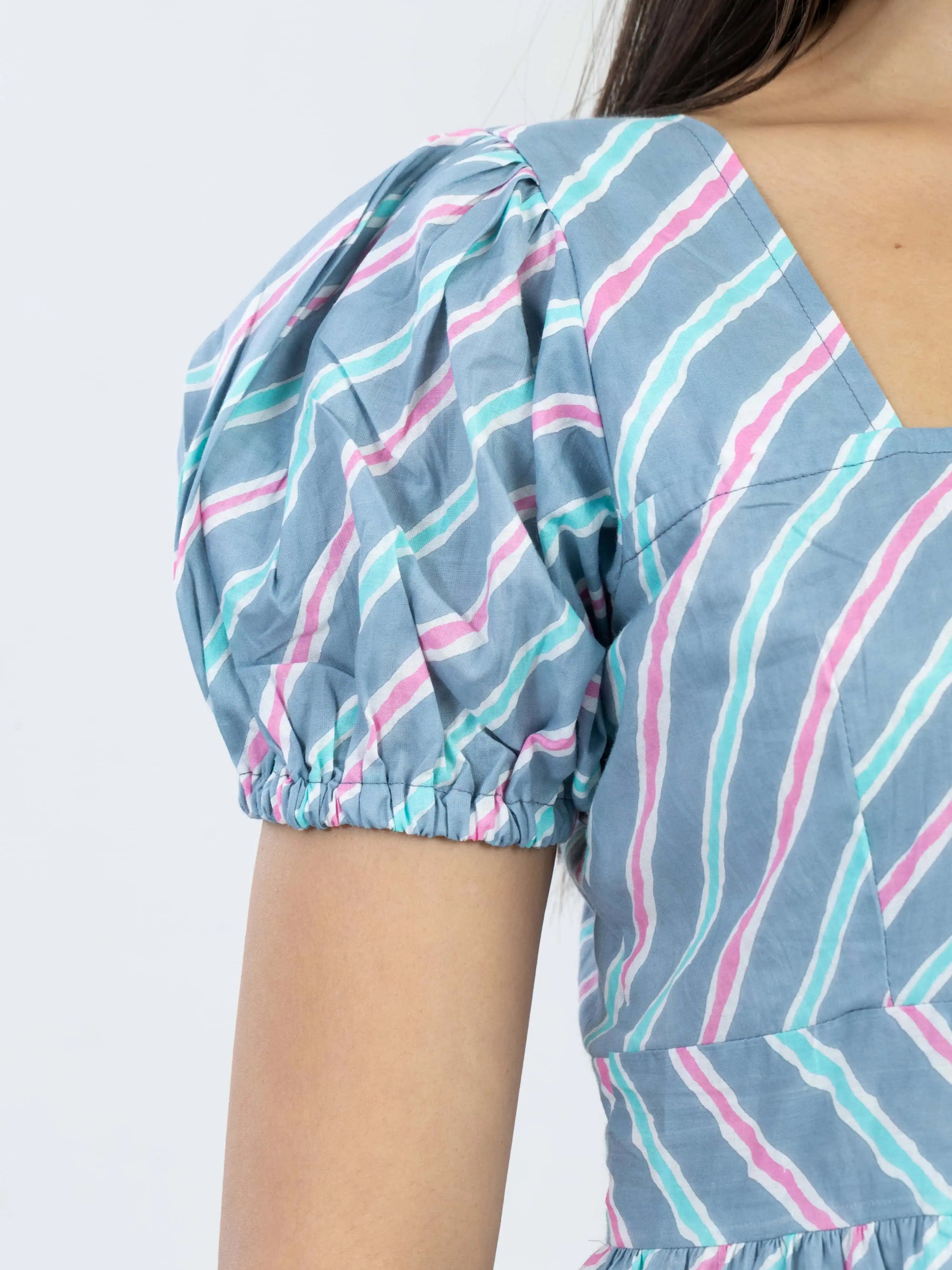 कुसुम | Green Vertical Stripe Vacation Cotton Midi Dress