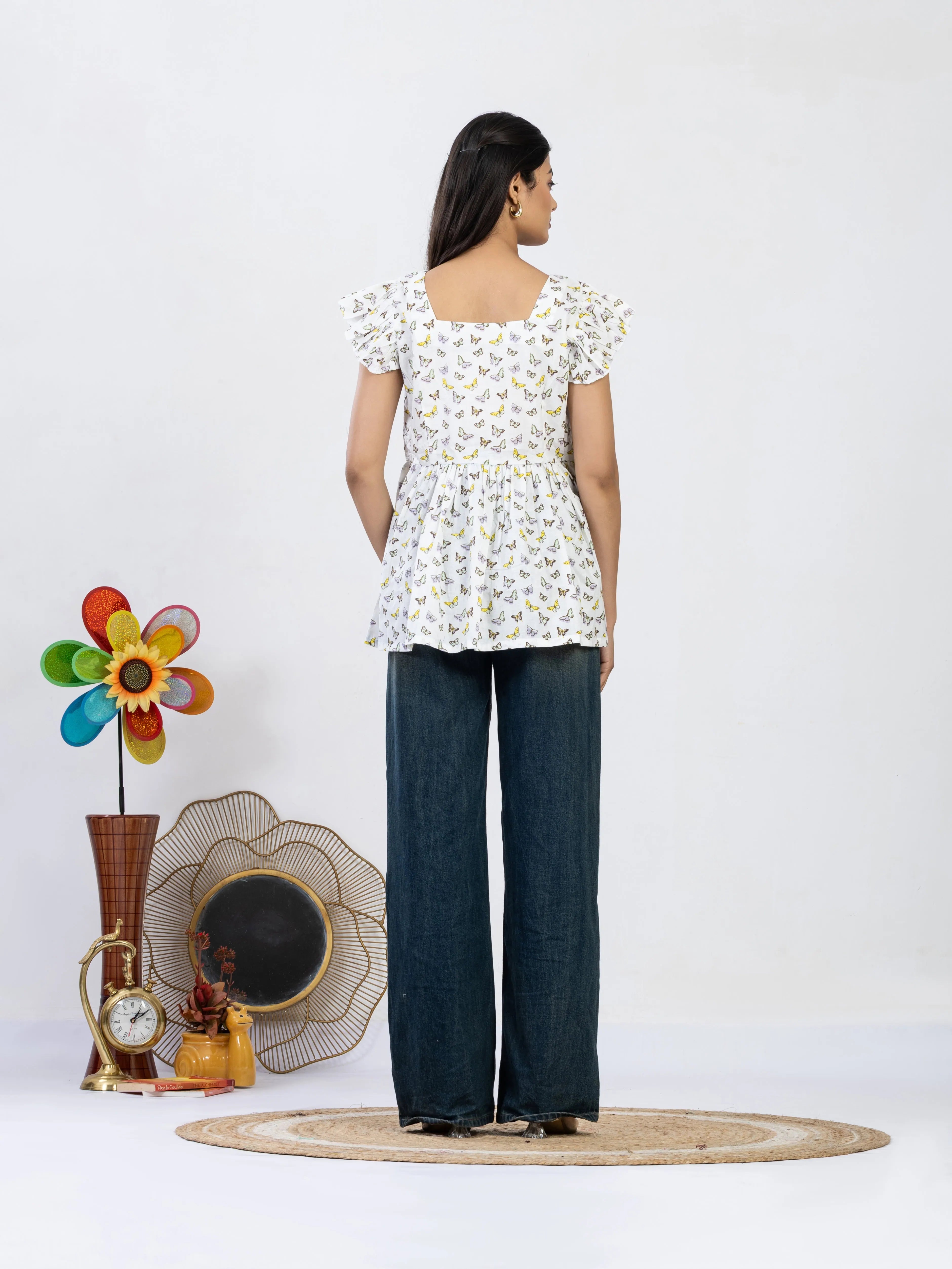 तितली | White Butterfly Print Summer Cotton Top