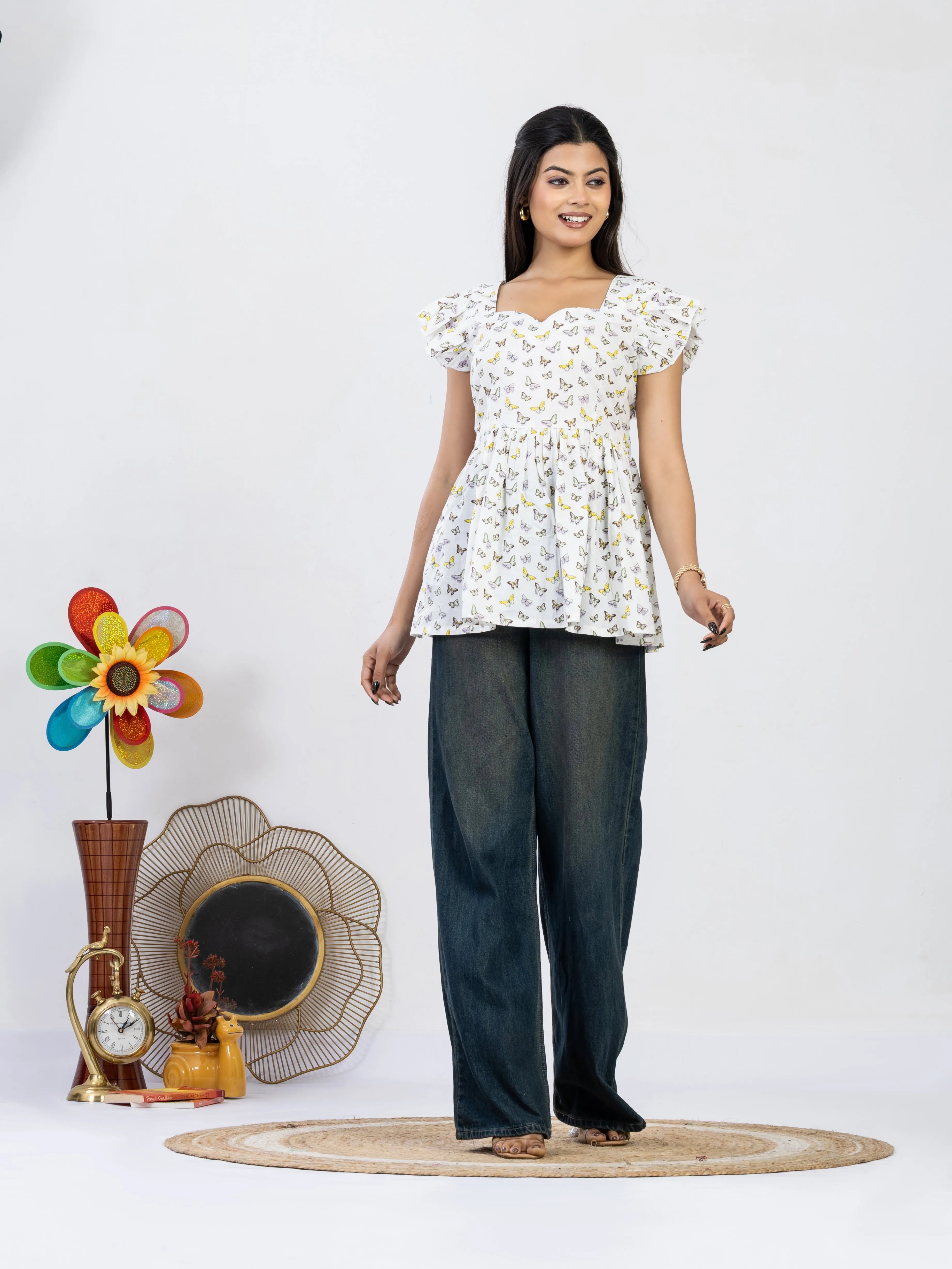 तितली | White Butterfly Print Summer Cotton Top