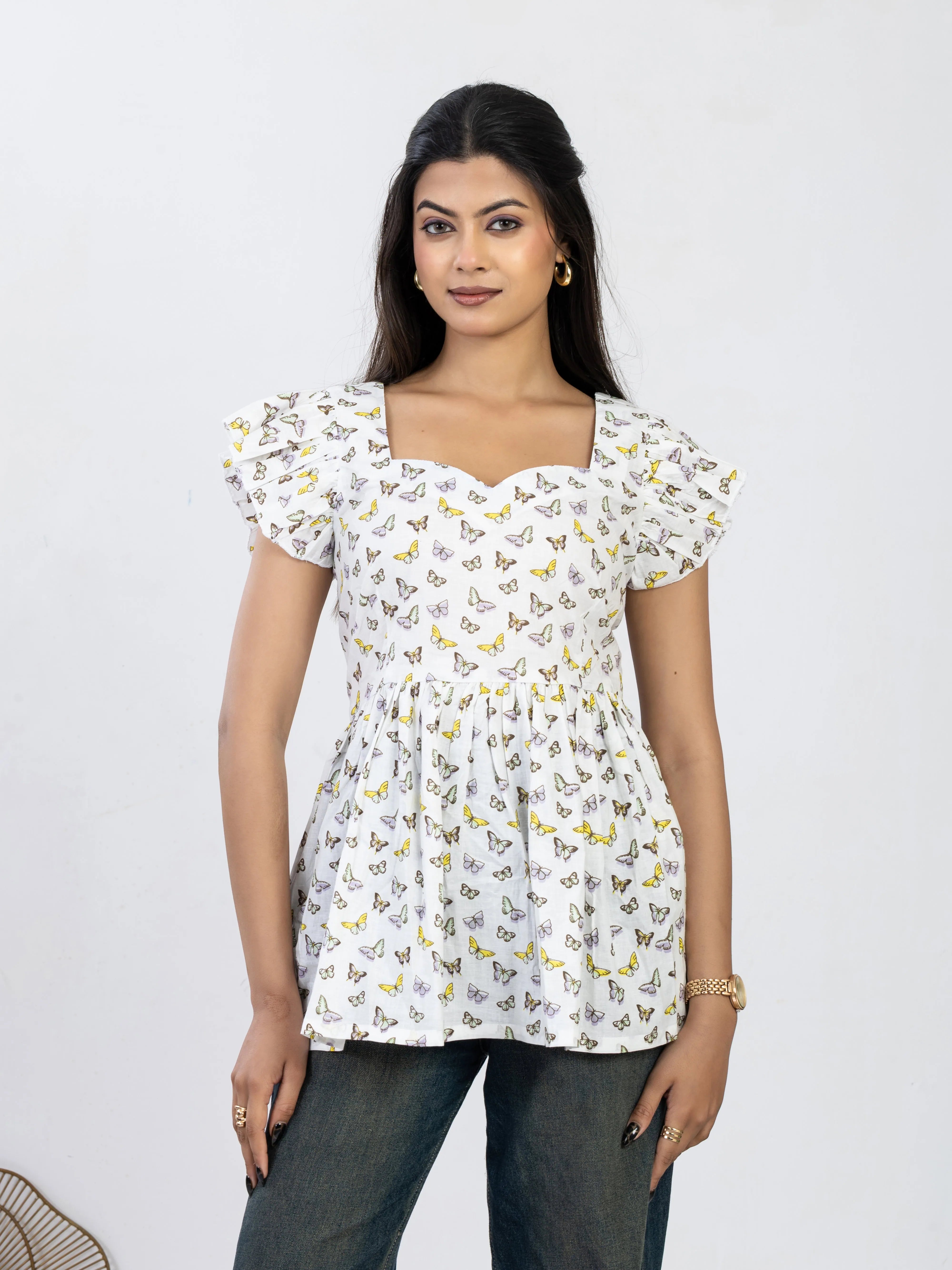 तितली | White Butterfly Print Summer Cotton Top