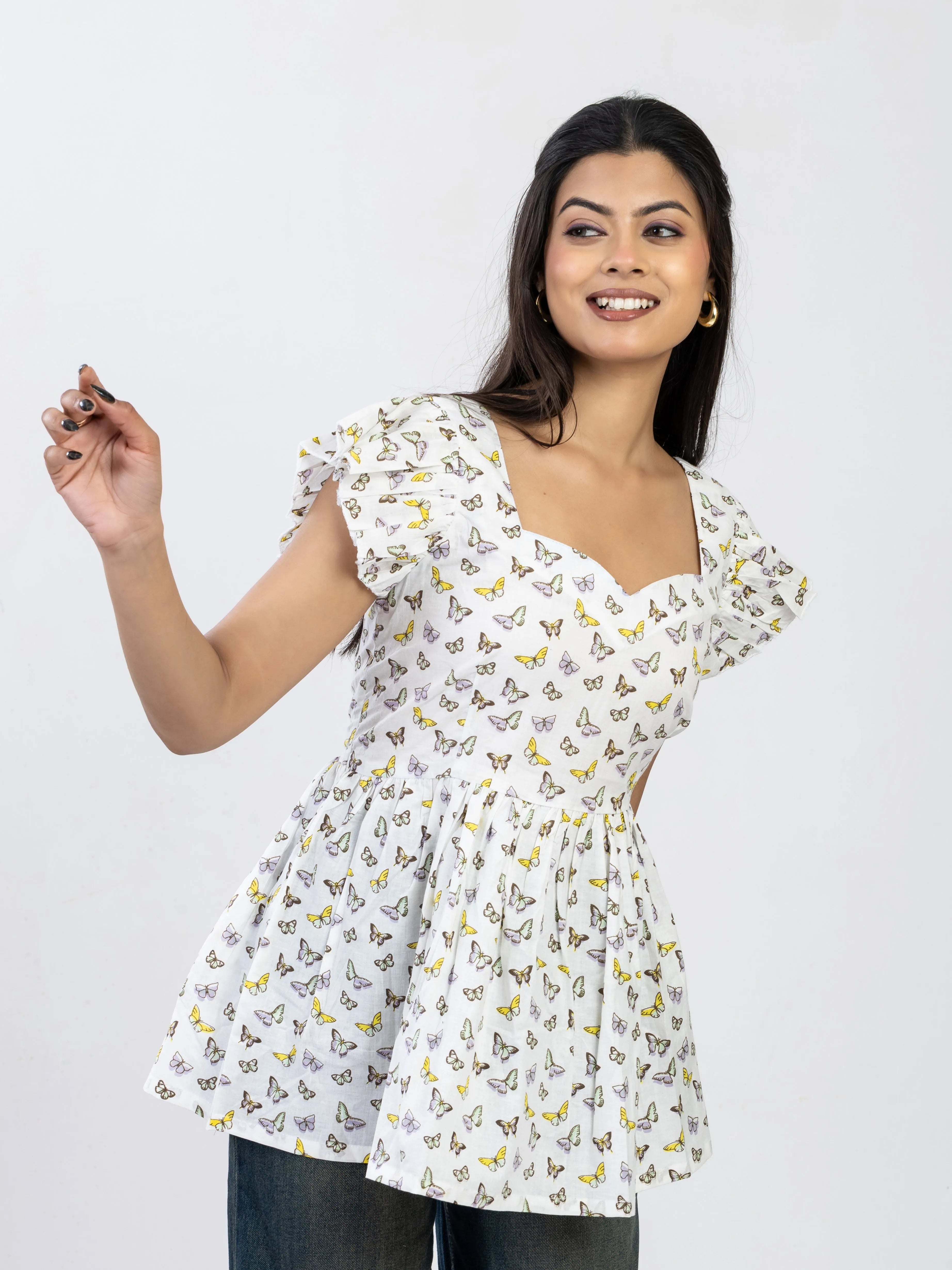 तितली | White Butterfly Print Summer Cotton Top
