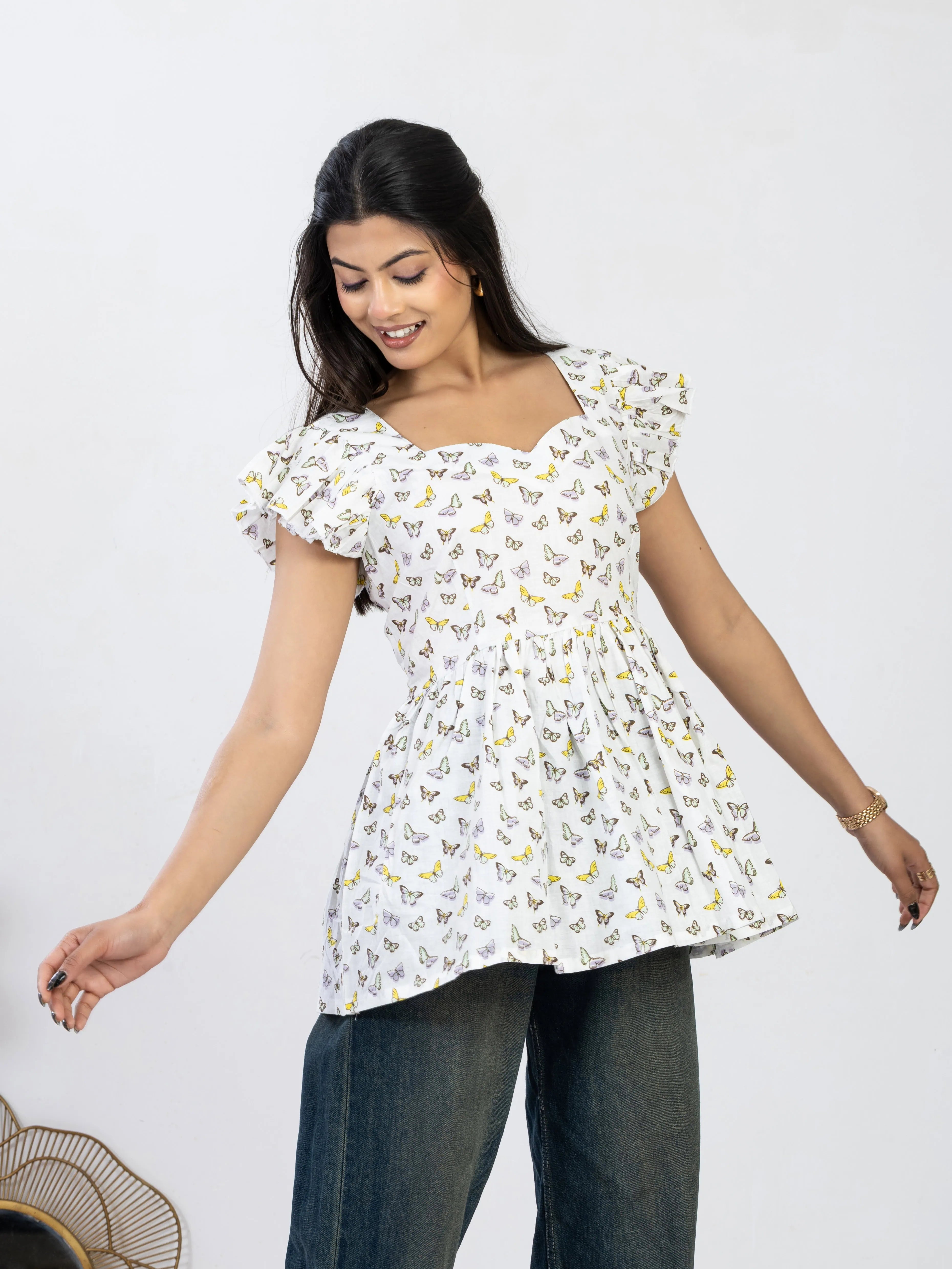 तितली | White Butterfly Print Summer Cotton Top